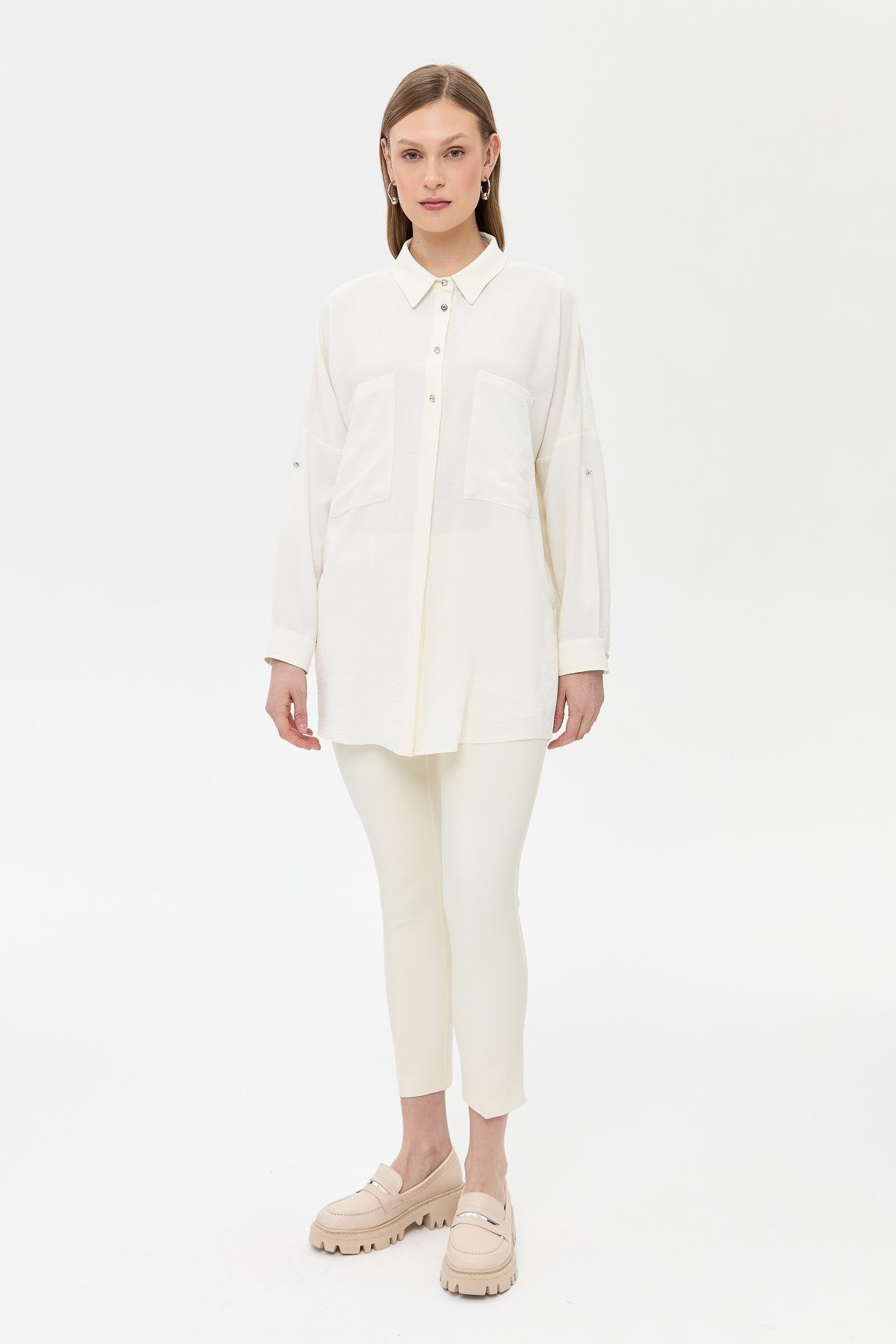 Arkası Taş Detaylı  Oversize Gömlek - KEMIK