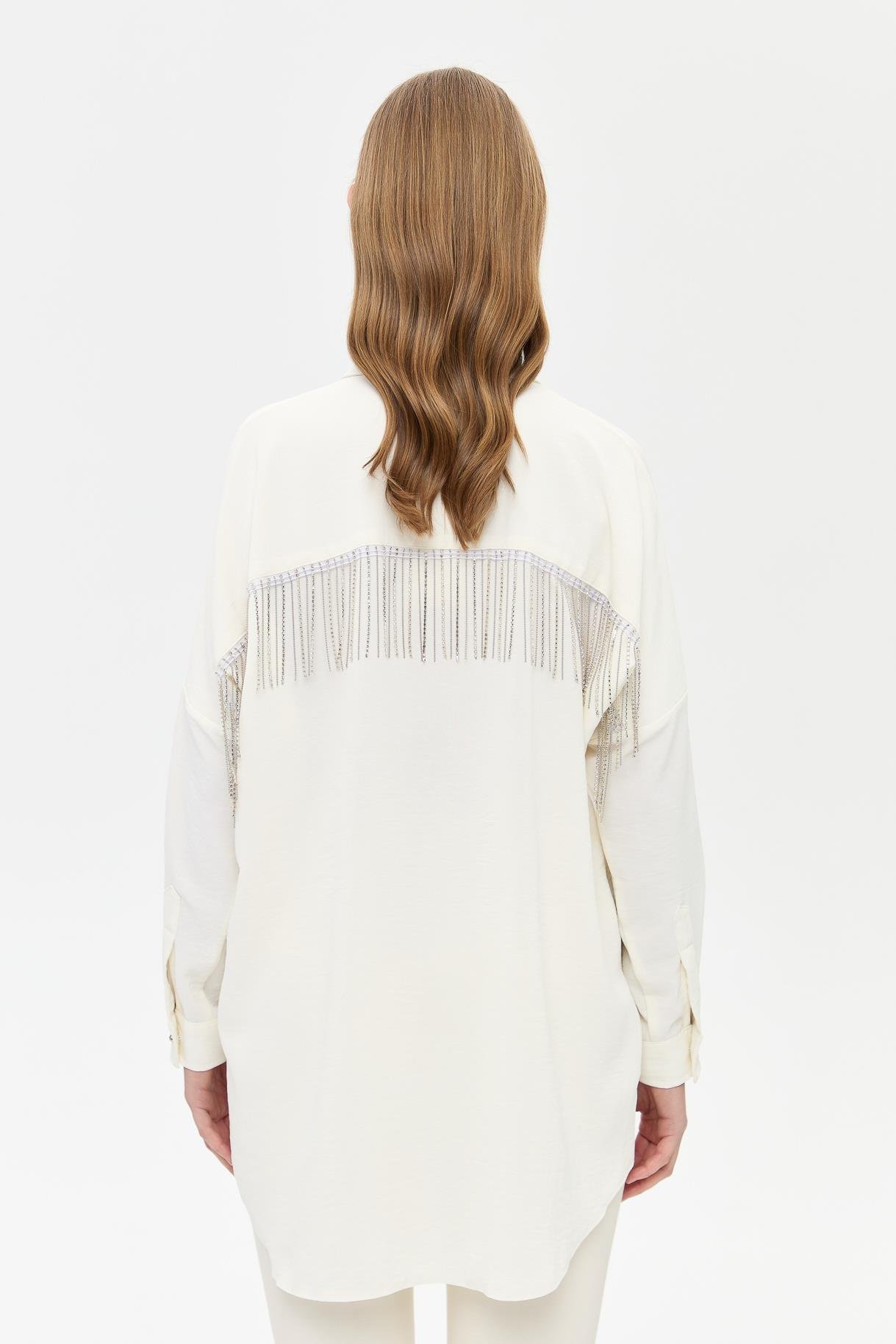 Arkası Taş Detaylı  Oversize Gömlek - KEMIK