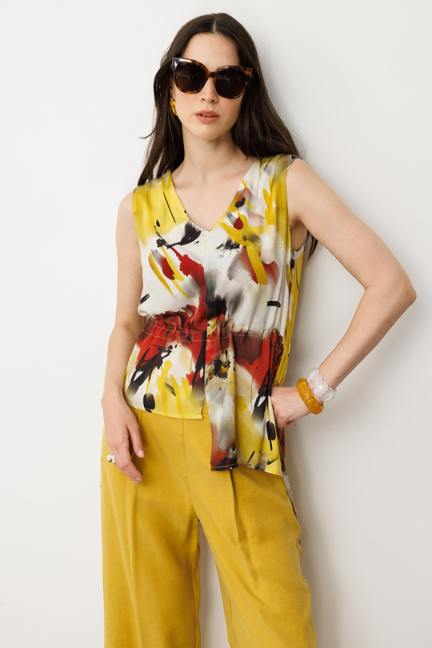 Asimetrik Kesim Baskılı Kolsuz Bluz-SARI