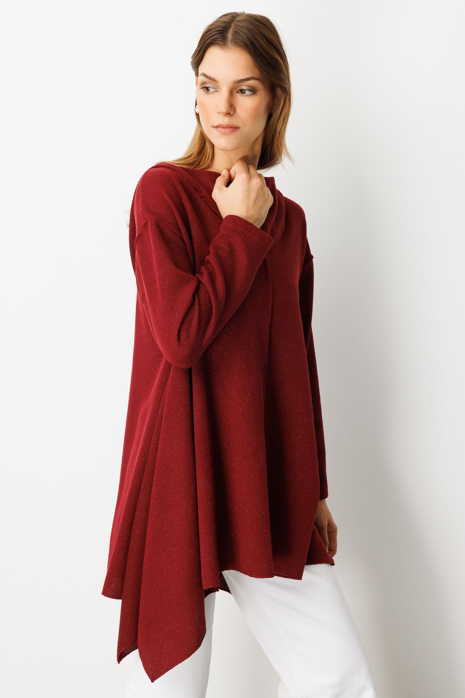 Asimetrik Kesim Kapüşonlu Dokuma Tunik-BORDO