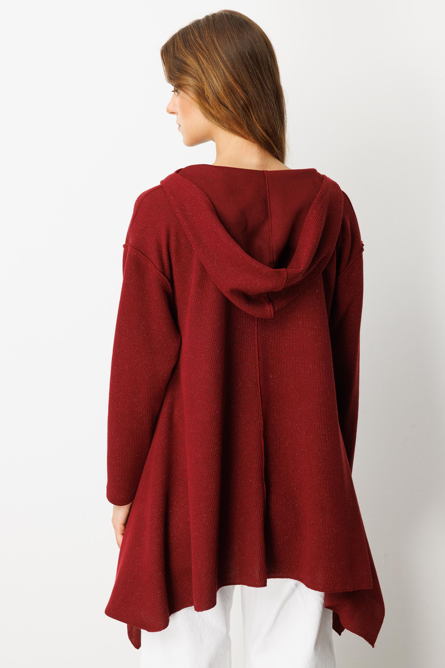Asimetrik Kesim Kapüşonlu Dokuma Tunik-BORDO