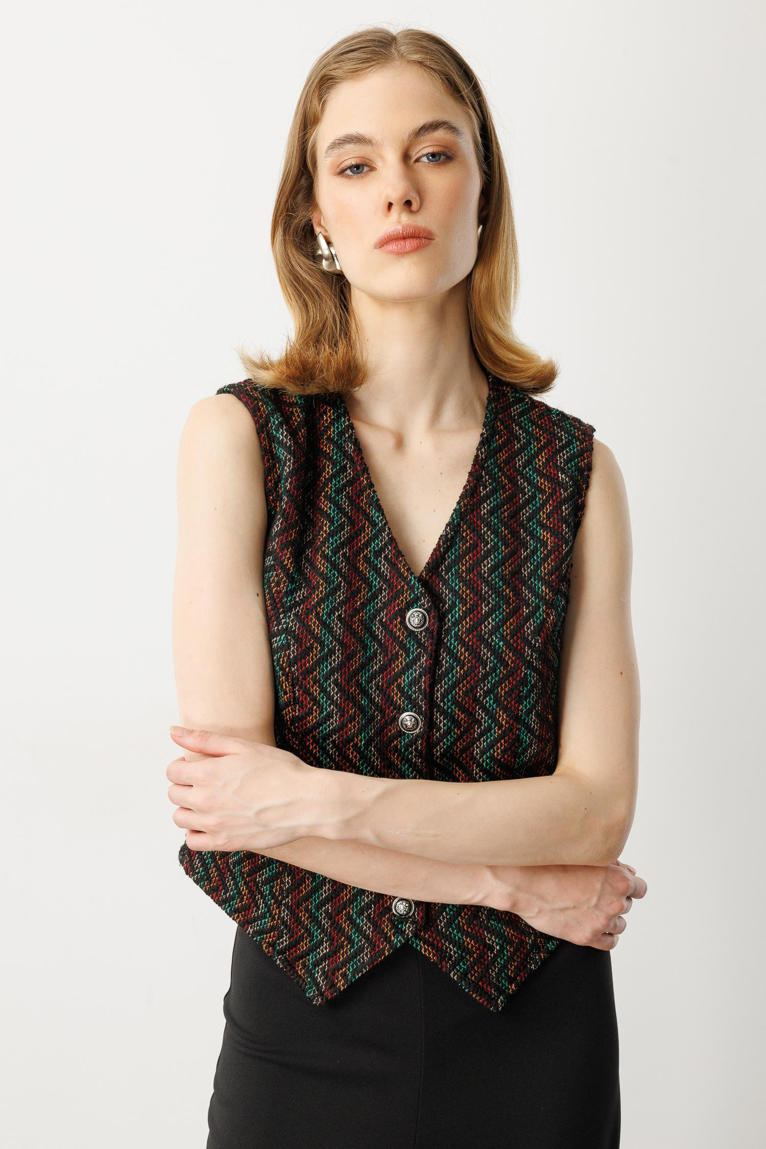 Asimetrik Kesim Örme Yelek-HAKİ