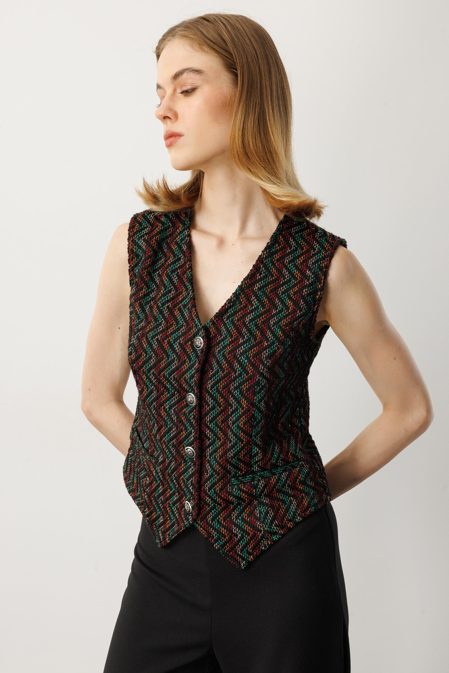 Asimetrik Kesim Örme Yelek-HAKİ