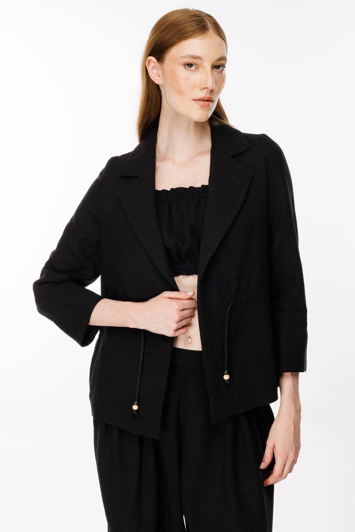 Ayaralanabilir İp Detaylı Keten Ceket - SİYAH