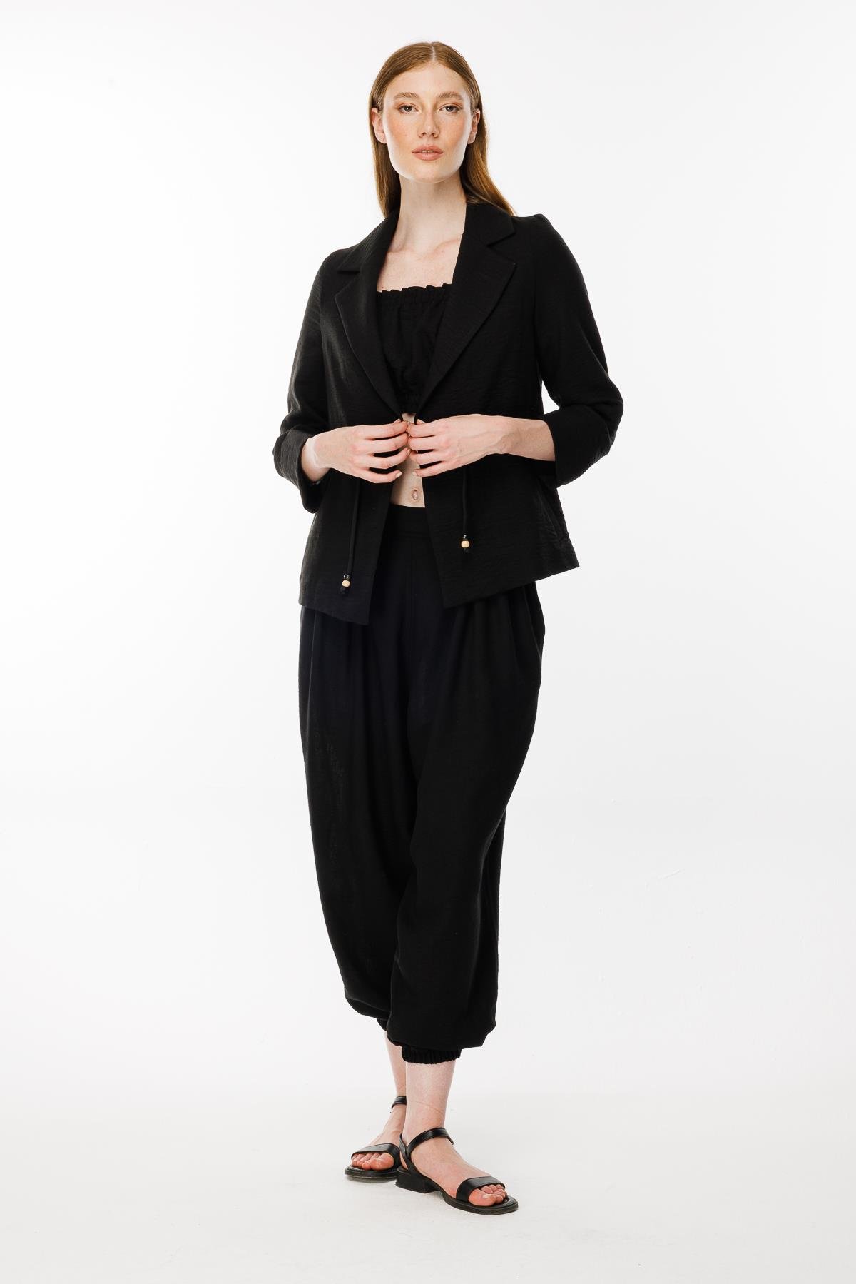 Ayaralanabilir İp Detaylı Keten Ceket - SİYAH