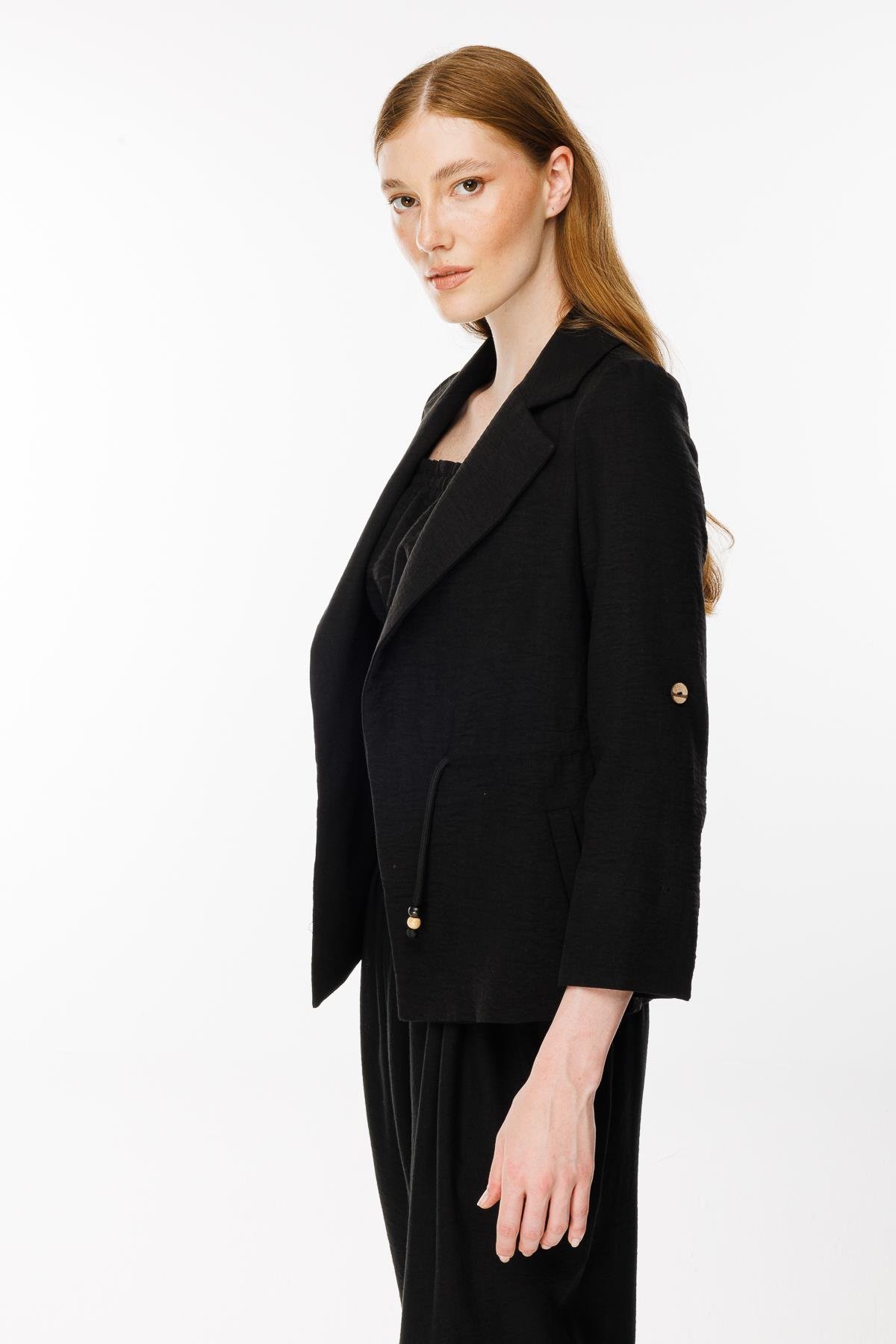 Ayaralanabilir İp Detaylı Keten Ceket - SİYAH