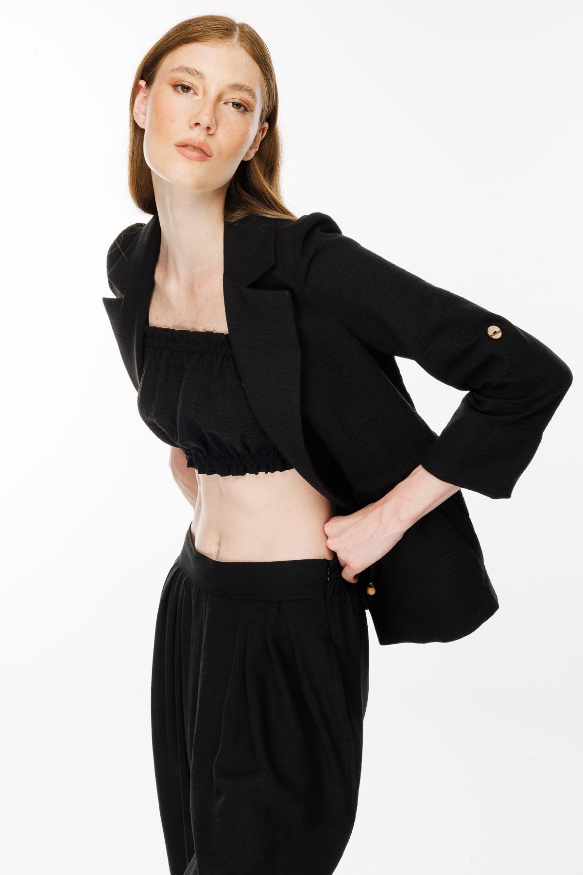 Ayaralanabilir İp Detaylı Keten Ceket - SİYAH