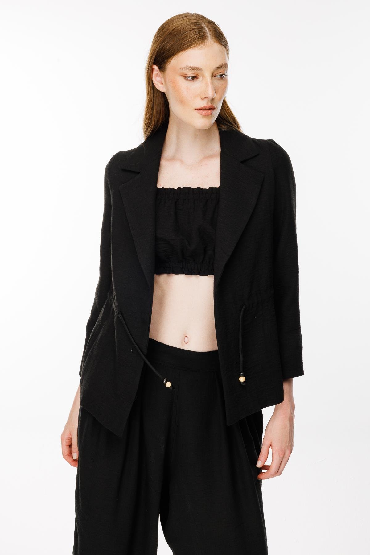 Ayaralanabilir İp Detaylı Keten Ceket - SİYAH