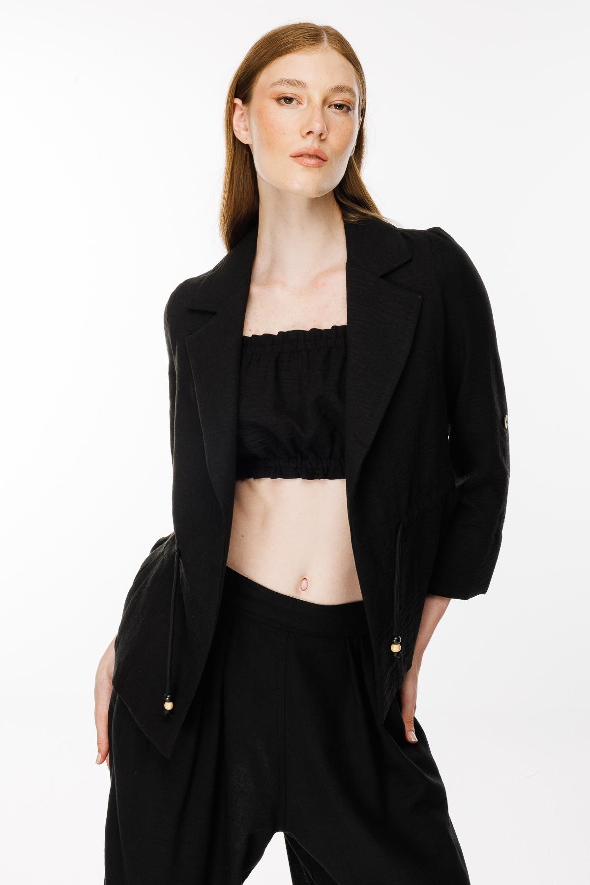 Ayaralanabilir İp Detaylı Keten Ceket - SİYAH