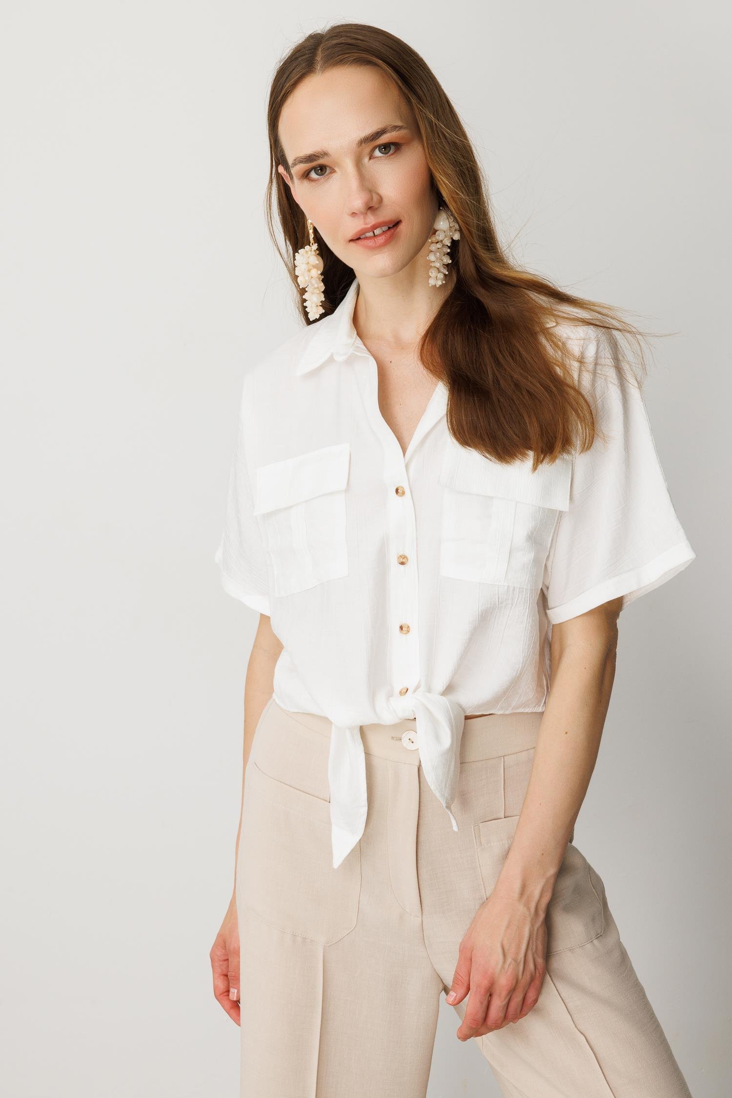 Bağlama Detaylı Crop Gömlek-EKRU