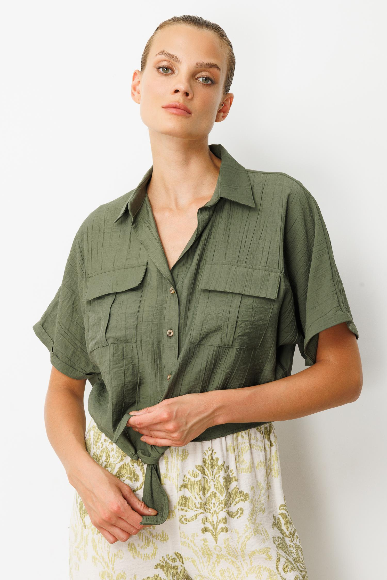 Bağlama Detaylı Crop Gömlek-HAKİ