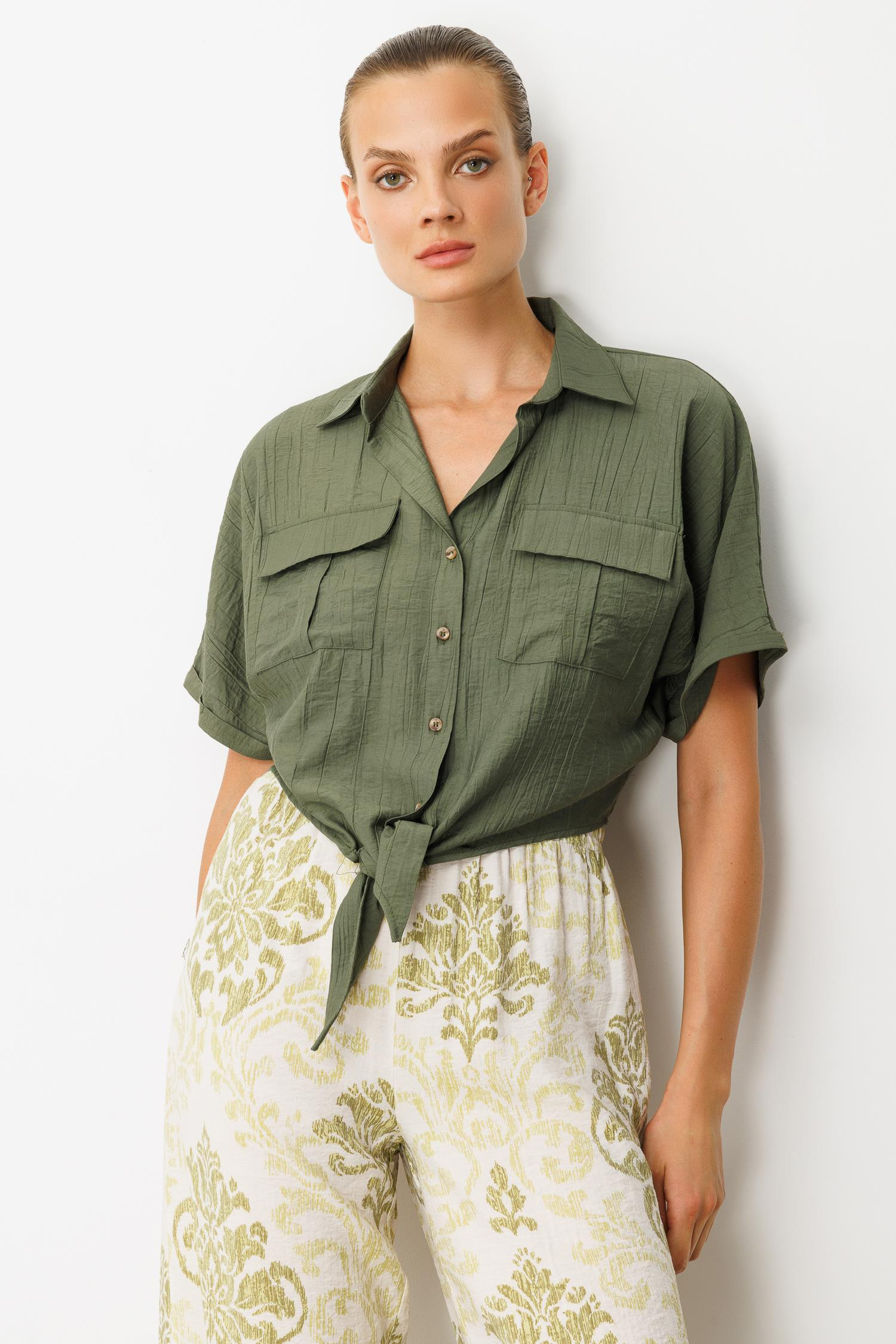 Bağlama Detaylı Crop Gömlek-HAKİ