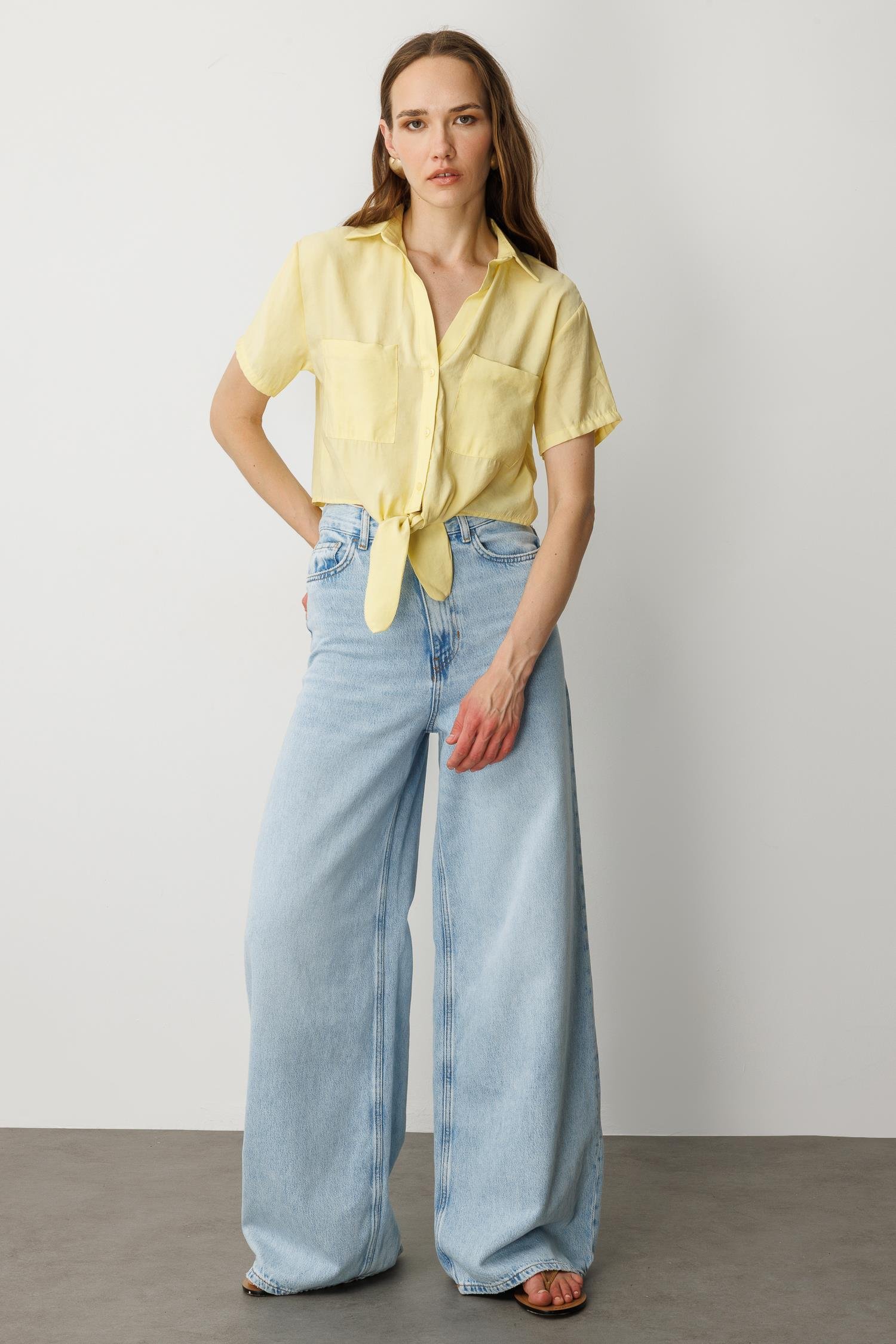 Bağlama Detaylı Kısa Gömlek-SARI