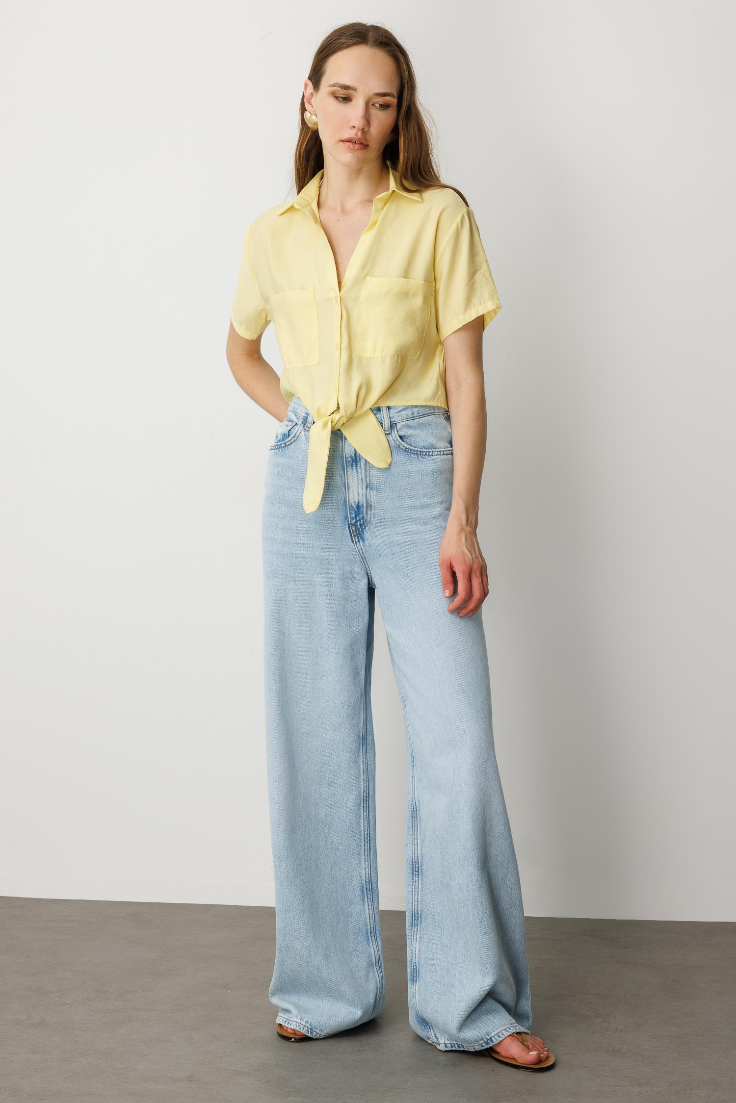 Bağlama Detaylı Kısa Gömlek-SARI