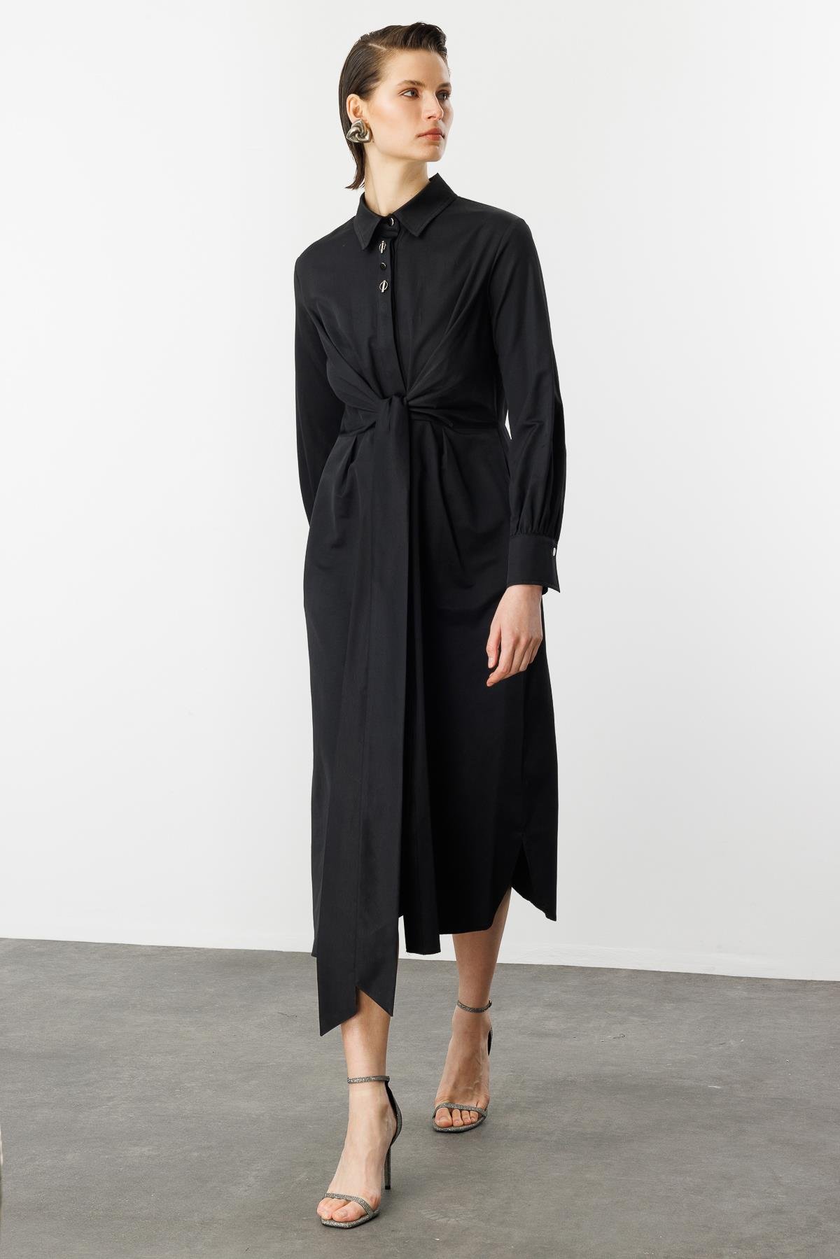 Bağlama Detaylı Uzun Gömlek Elbise-SİYAH