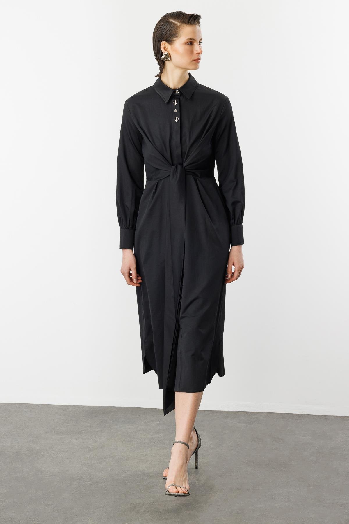 Bağlama Detaylı Uzun Gömlek Elbise-SİYAH