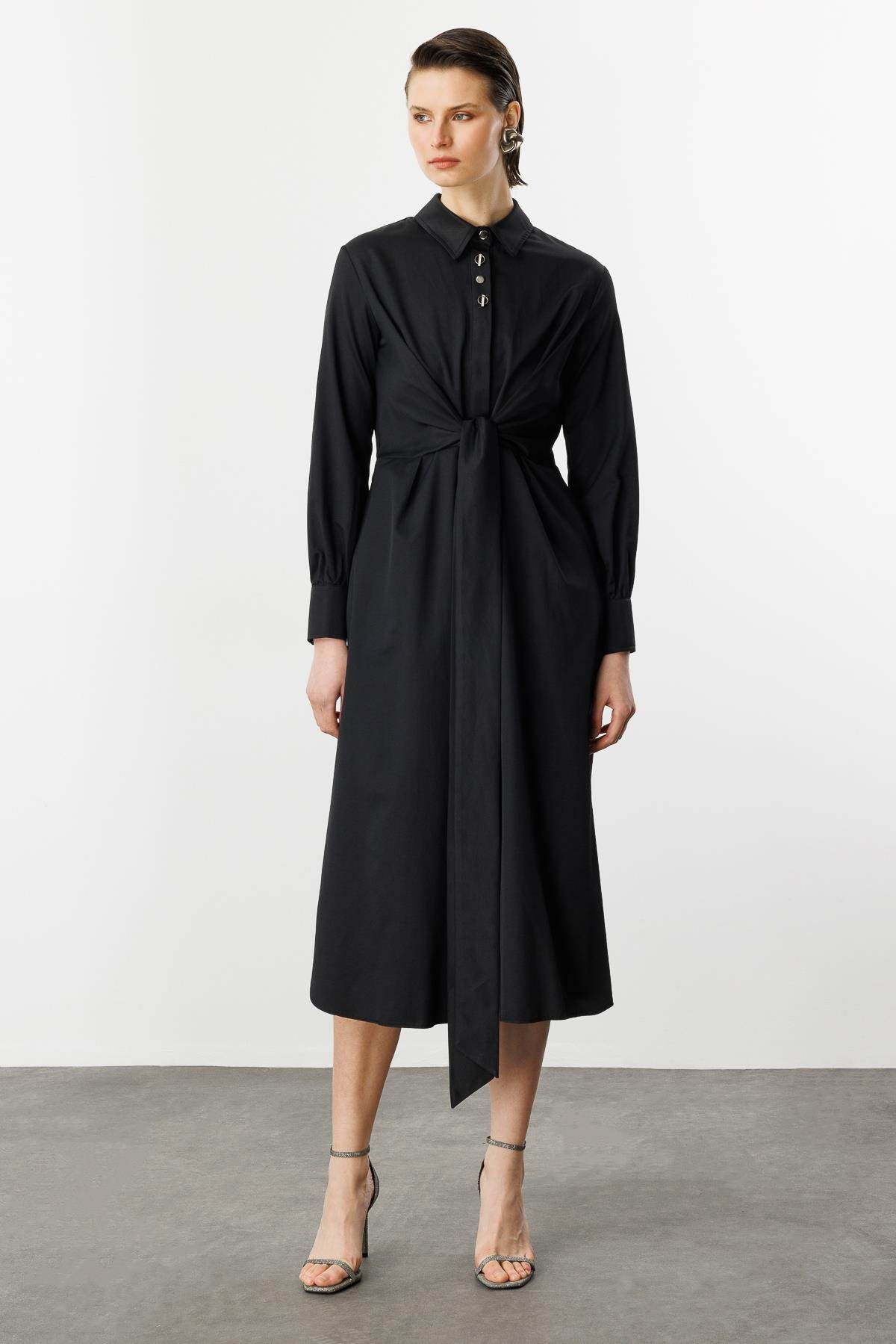 Bağlama Detaylı Uzun Gömlek Elbise-SİYAH