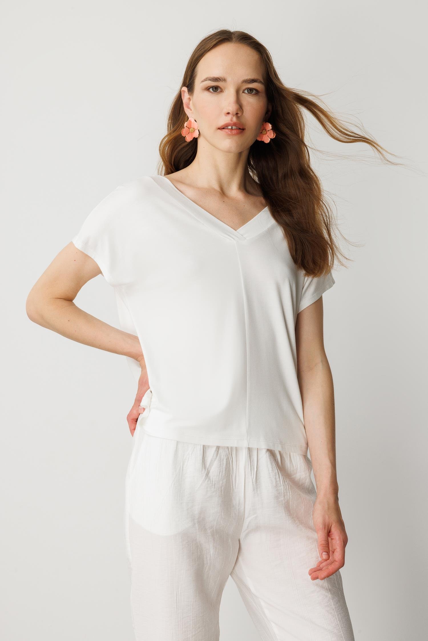 Bağlama Detaylı V Yaka Penye Tişört-KEMIK