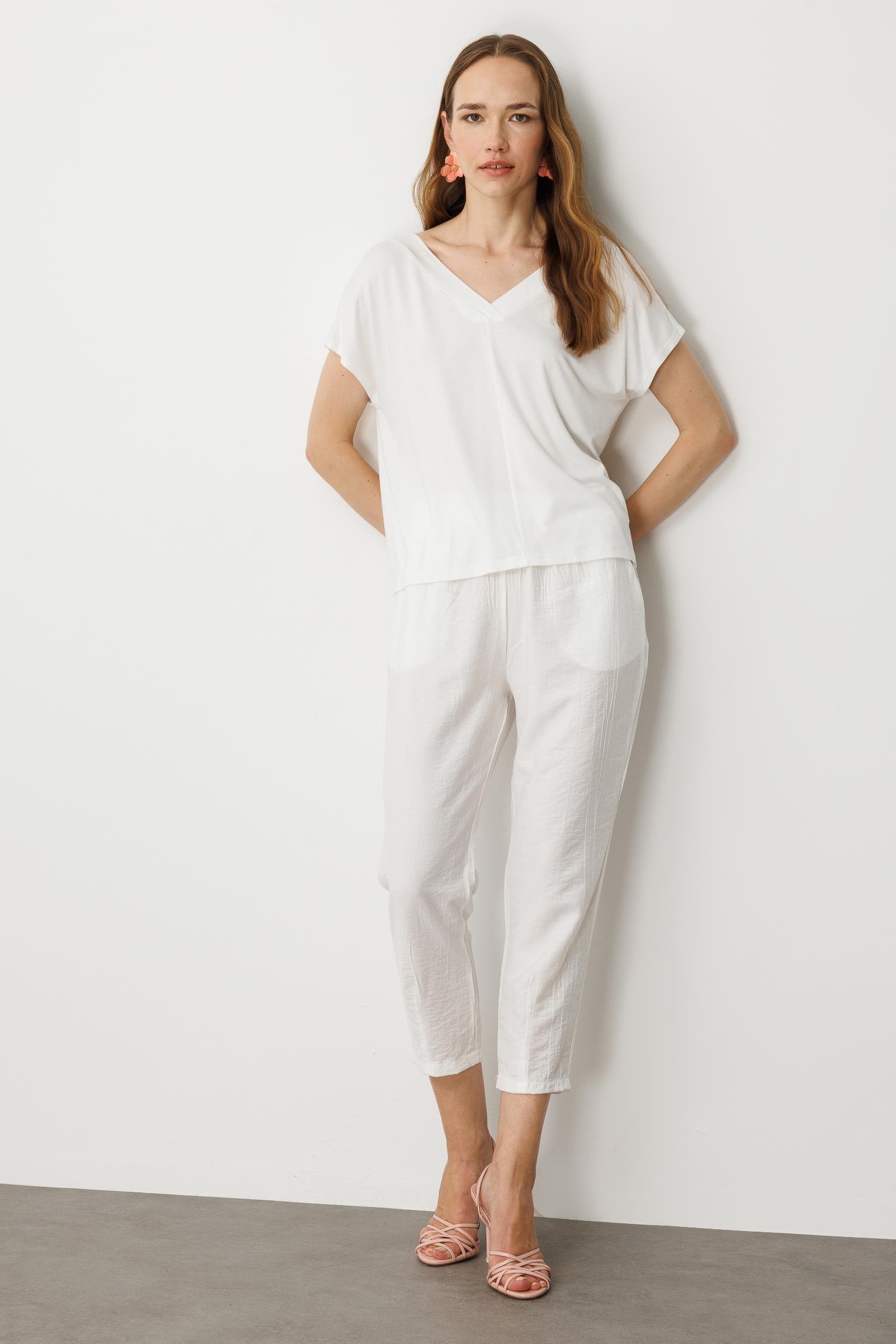 Bağlama Detaylı V Yaka Penye Tişört-KEMIK