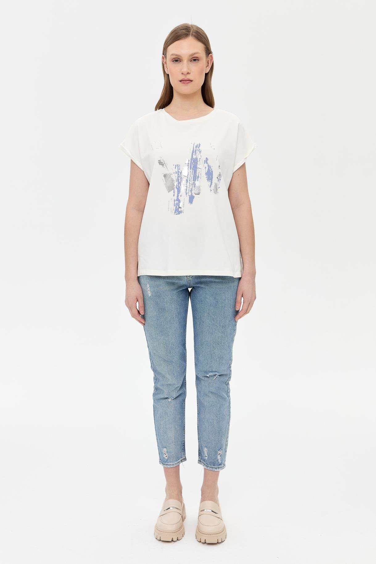 Baskı Desenli Kısa Kollu Tişört - MAVİ