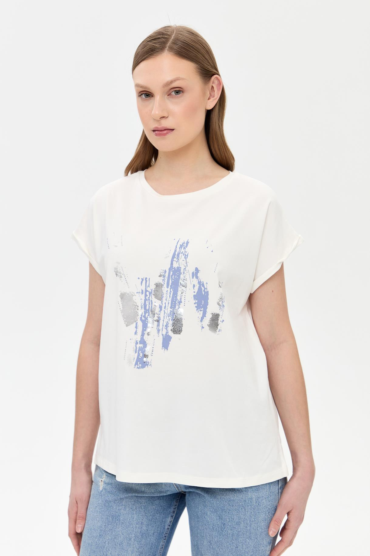 Baskı Desenli Kısa Kollu Tişört - MAVİ