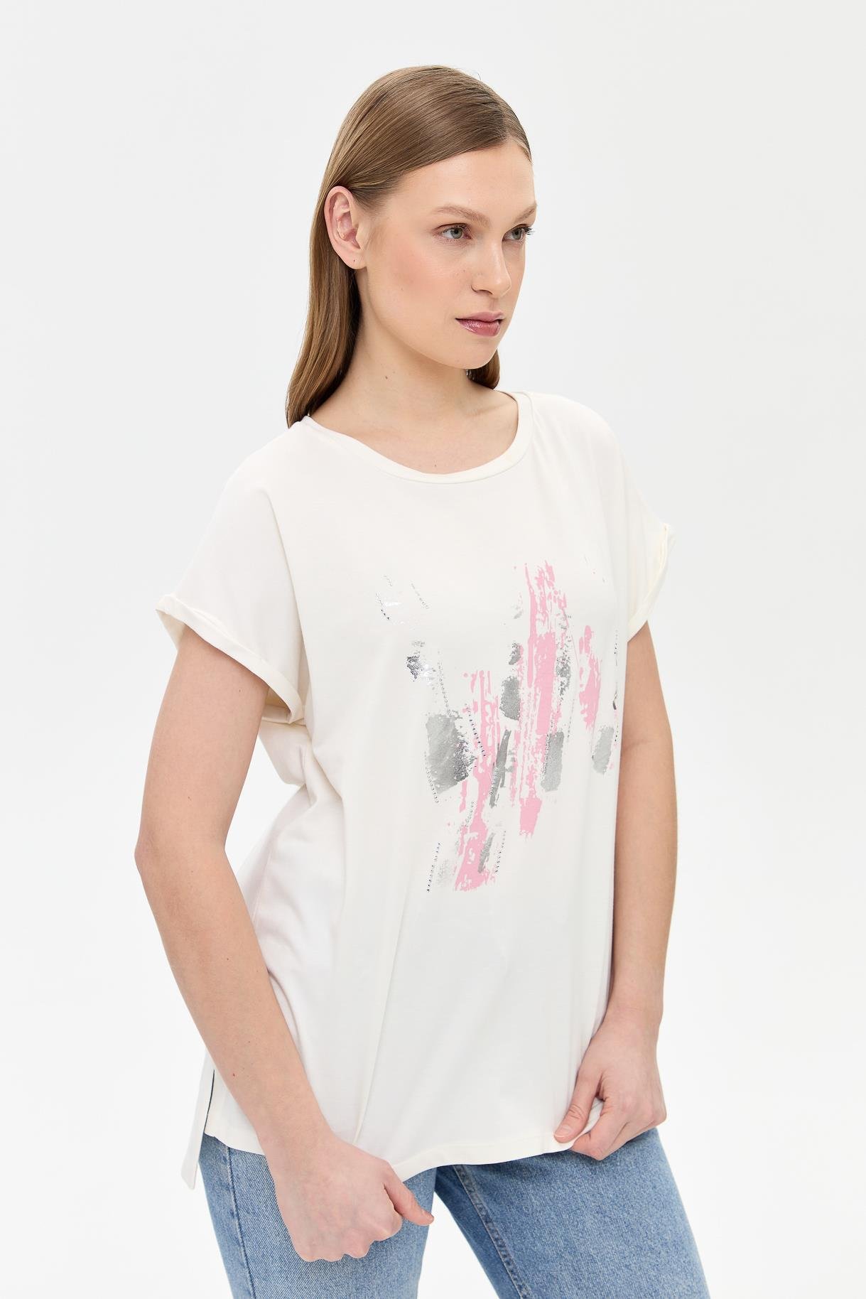 Baskı Desenli Kısa Kollu Tişört - PEMBE