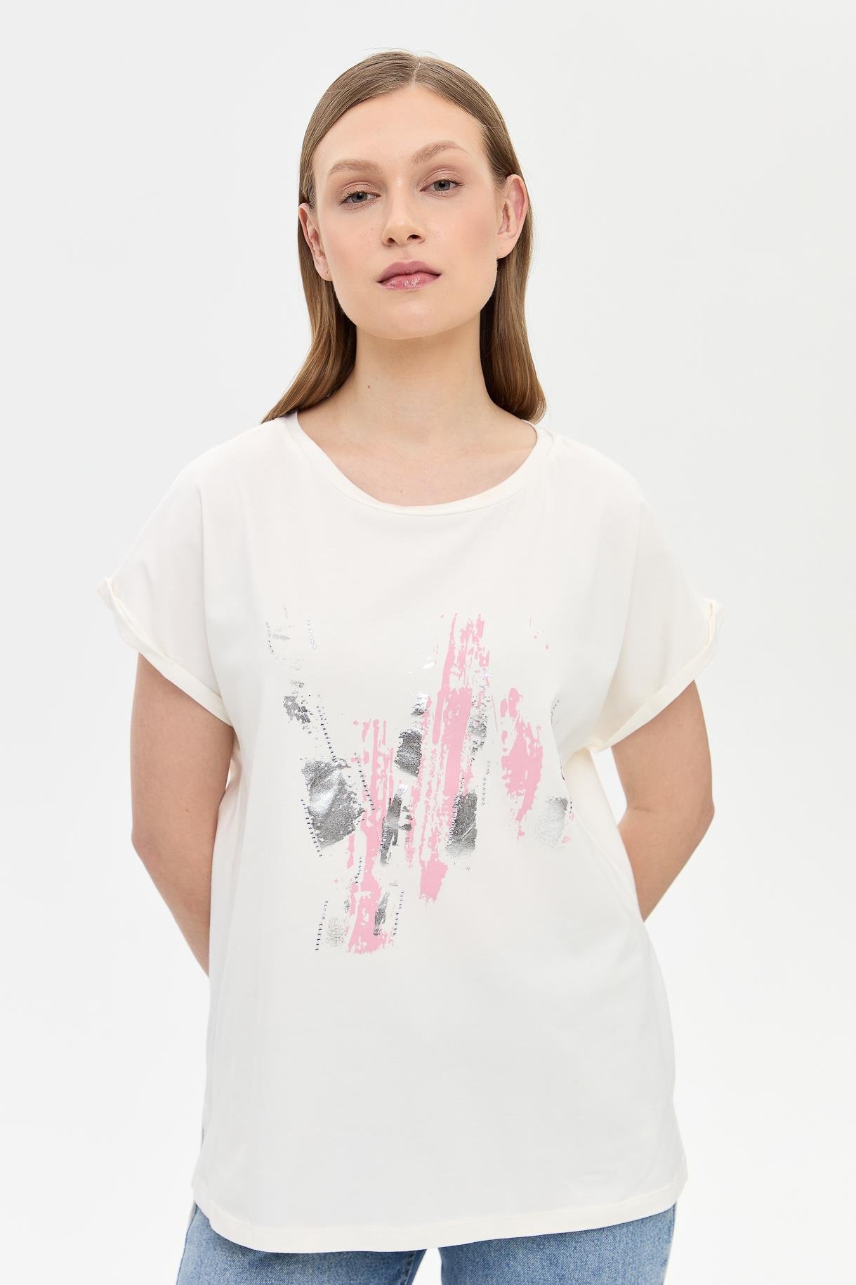 Baskı Desenli Kısa Kollu Tişört - PEMBE