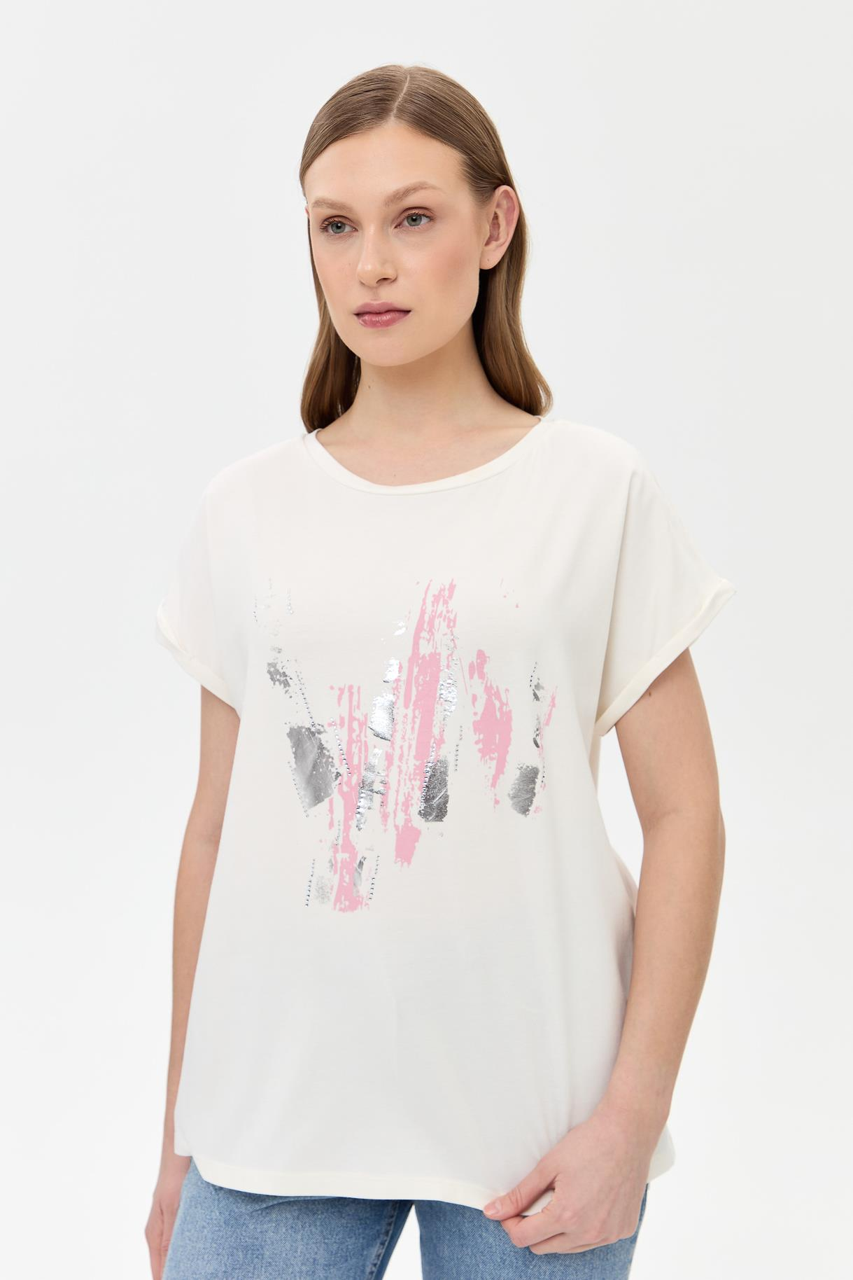 Baskı Desenli Kısa Kollu Tişört - PEMBE