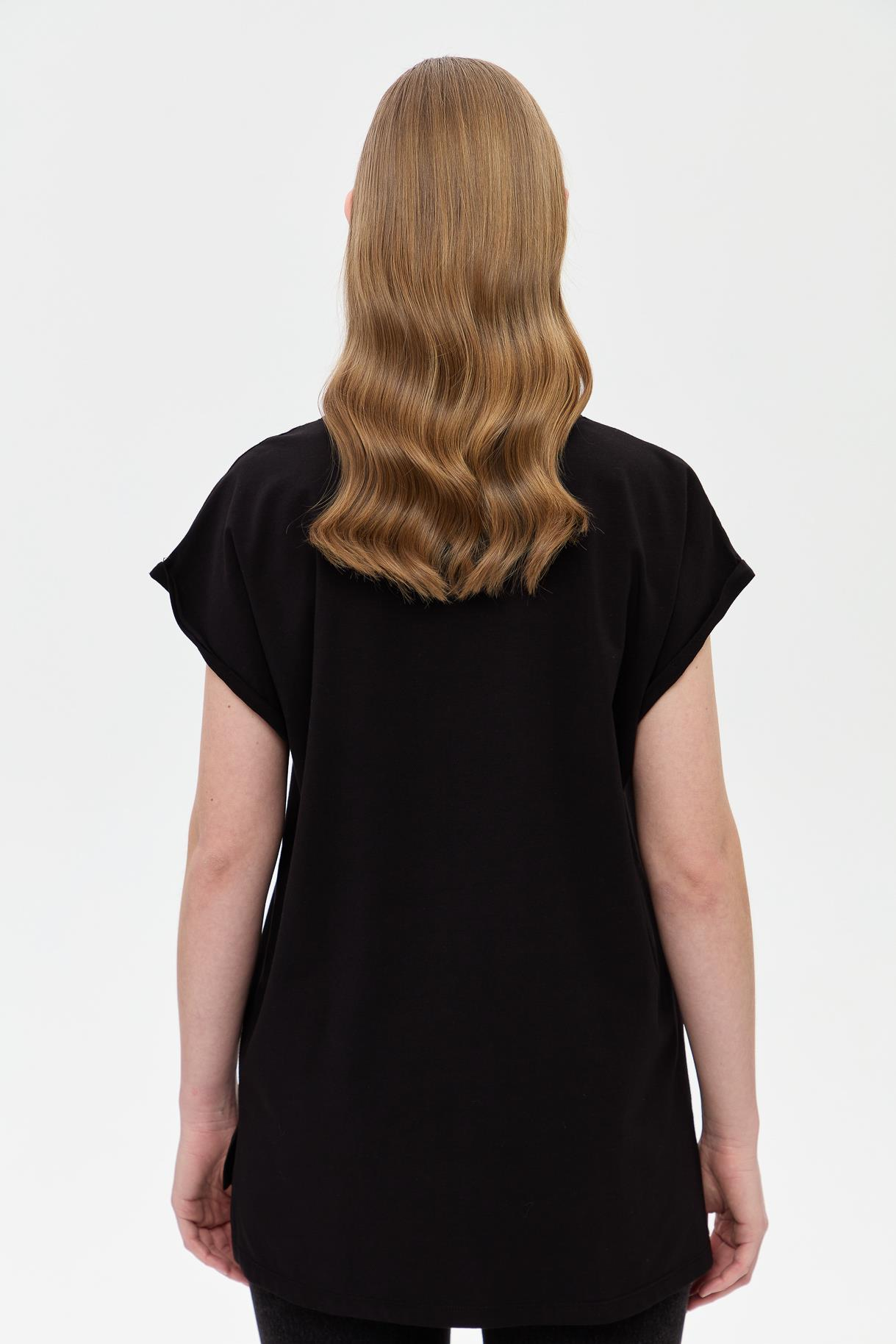 Baskı Desenli Kısa Kollu Tişört - SİYAH