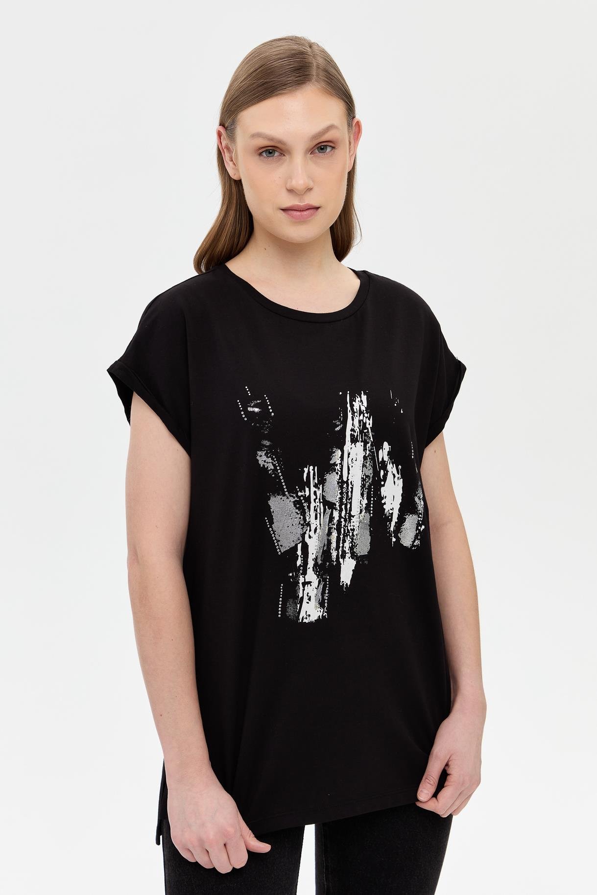 Baskı Desenli Kısa Kollu Tişört - SİYAH