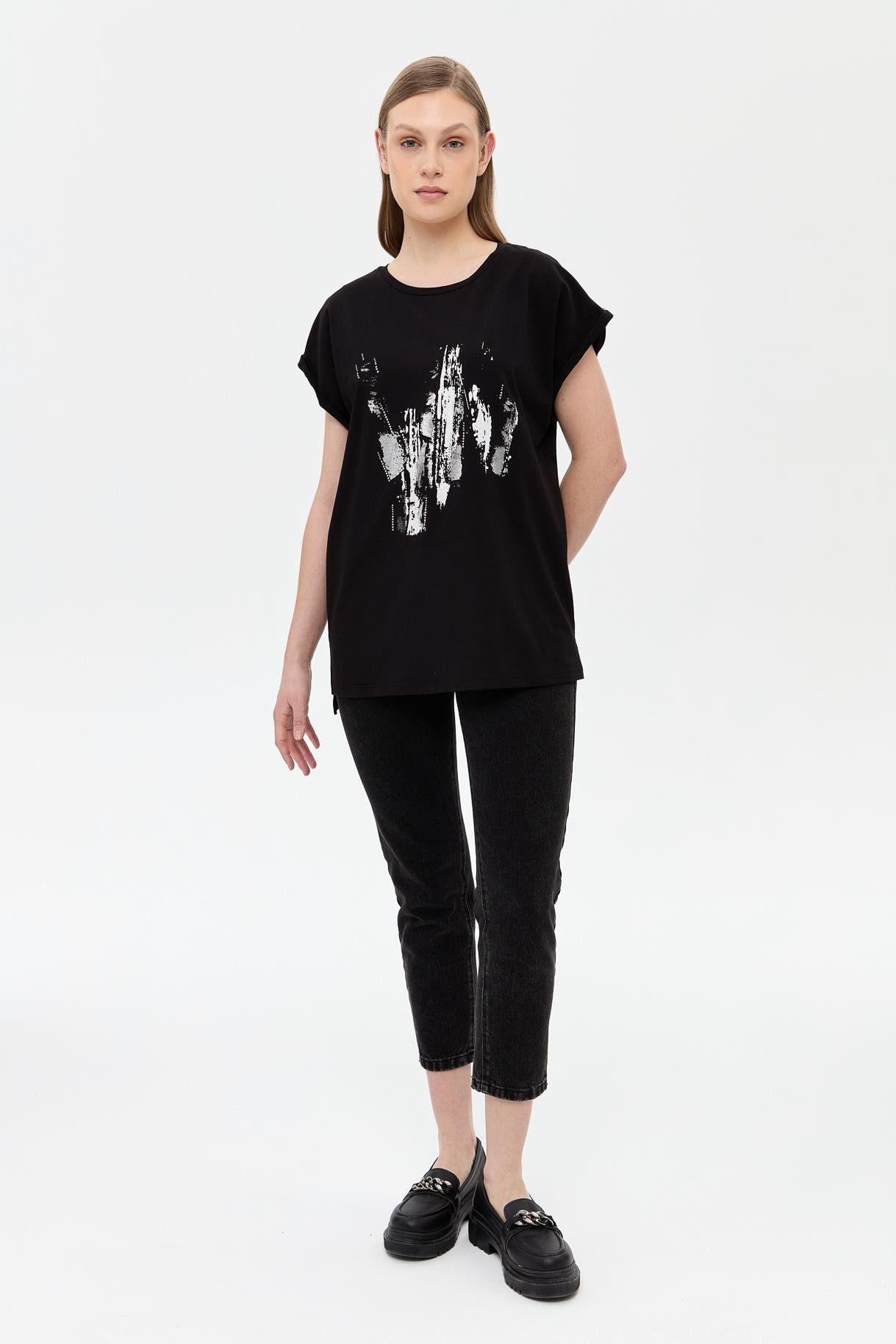 Baskı Desenli Kısa Kollu Tişört - SİYAH