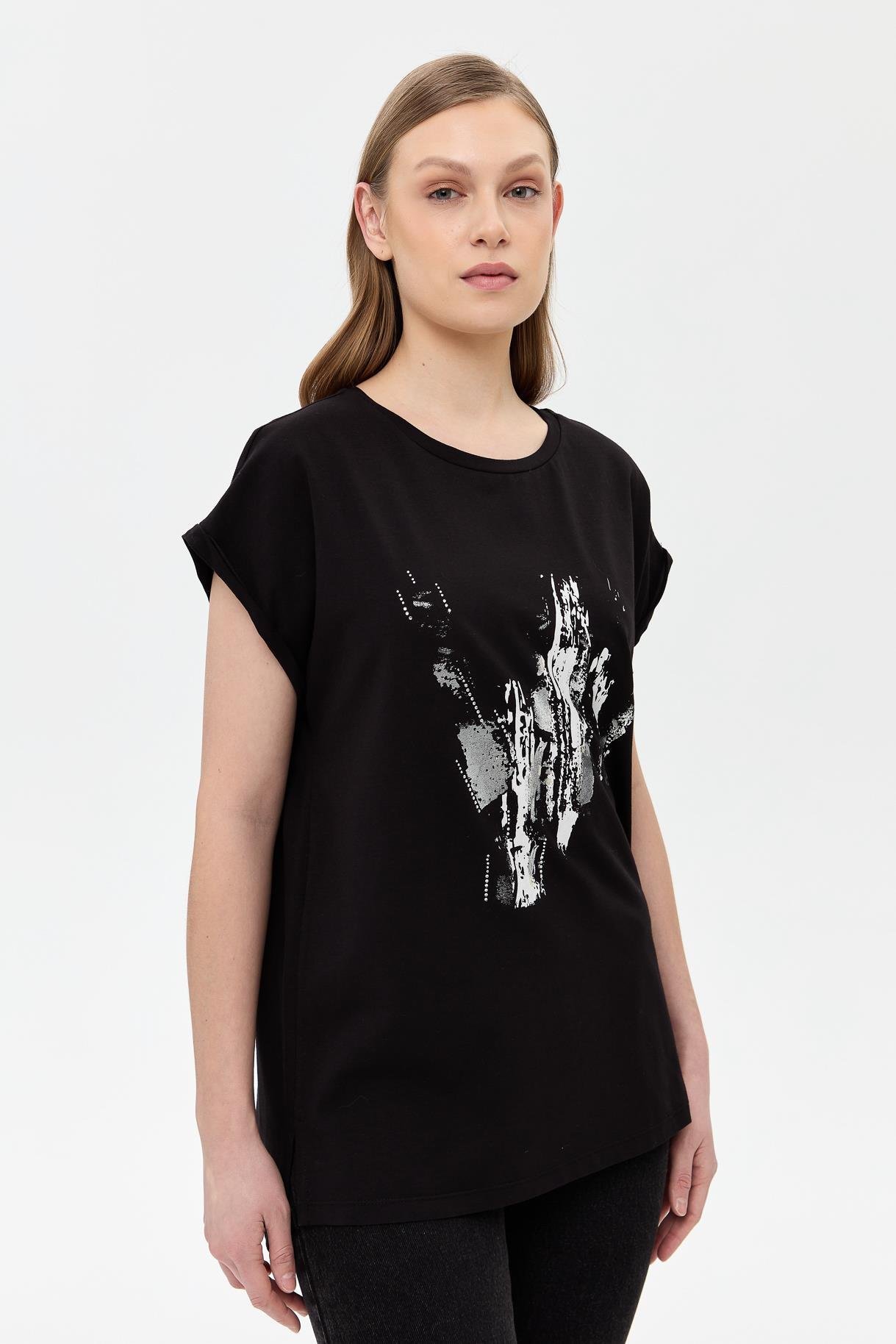 Baskı Desenli Kısa Kollu Tişört - SİYAH