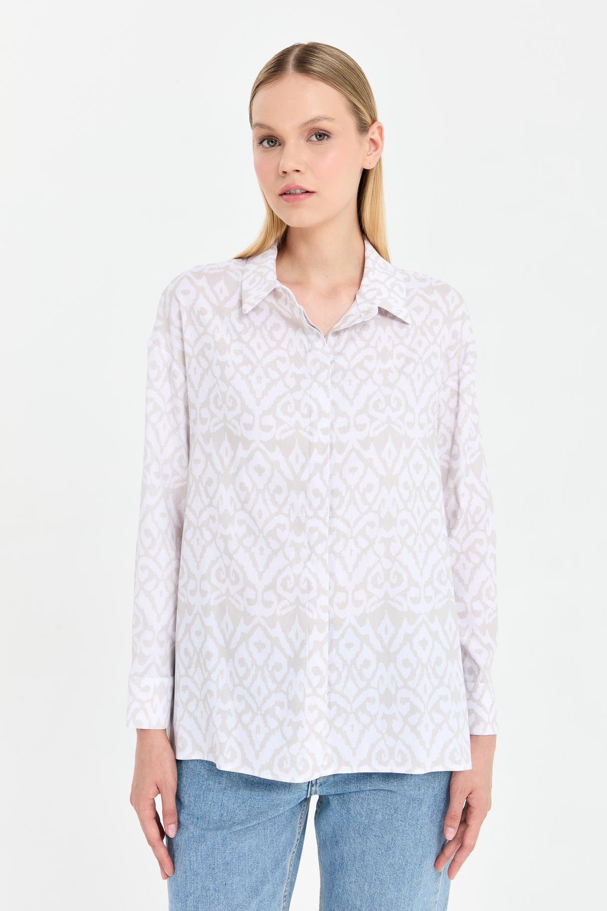 Baskı Desenli Rahat Gömlek - BEJ