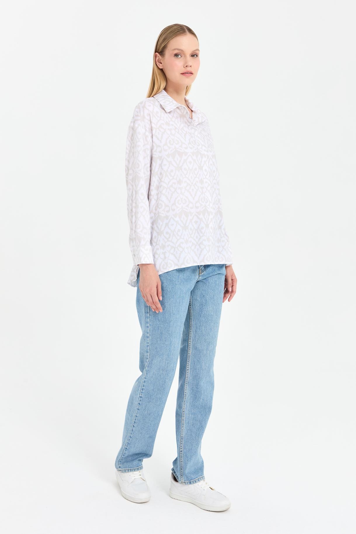 Baskı Desenli Rahat Gömlek - BEJ