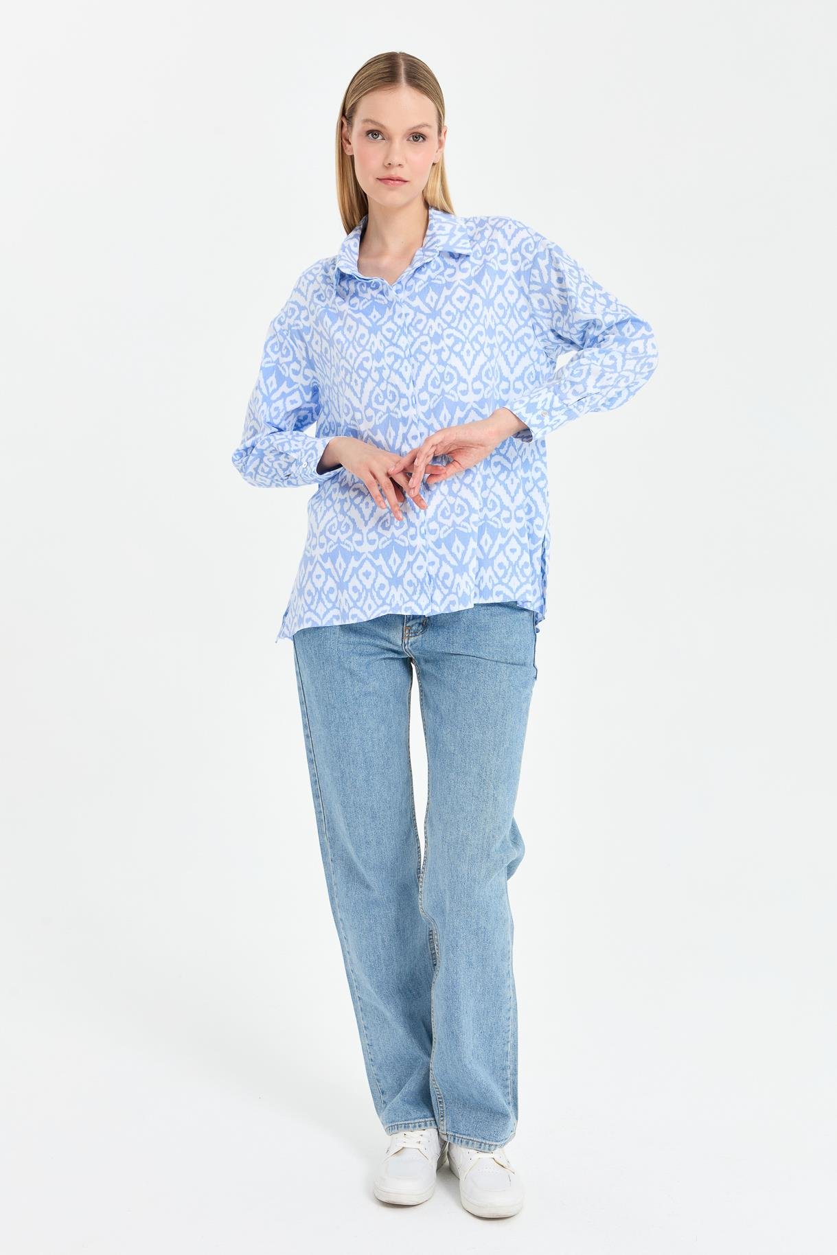 Baskı Desenli Rahat Gömlek - MAVİ