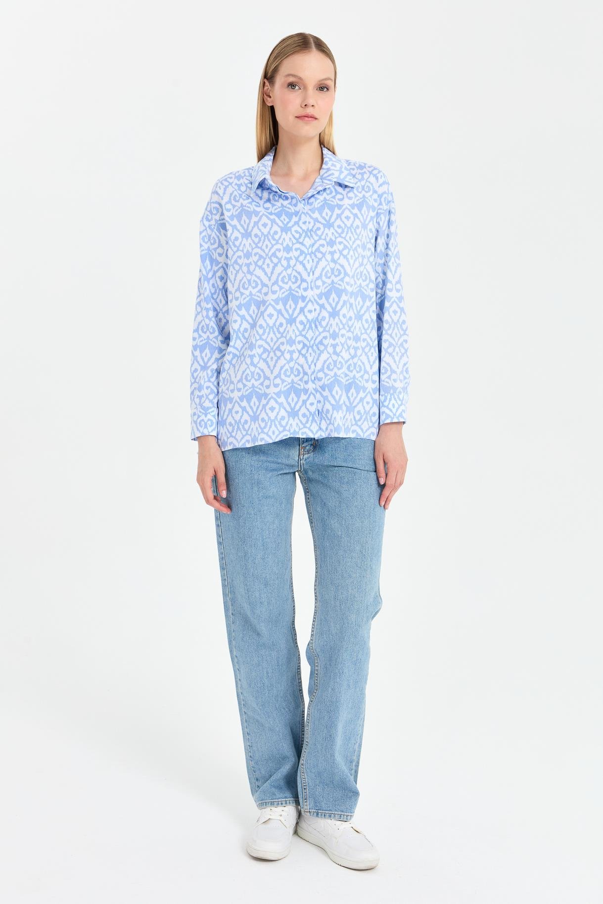 Baskı Desenli Rahat Gömlek - MAVİ