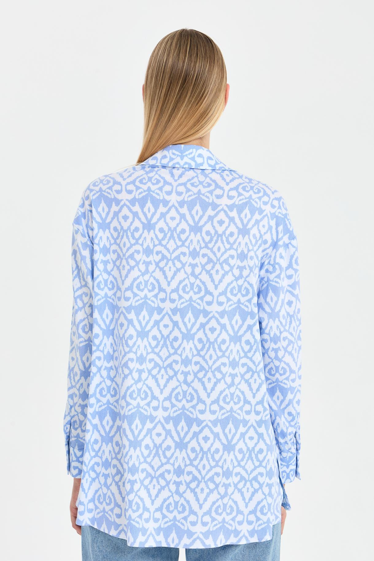 Baskı Desenli Rahat Gömlek - MAVİ
