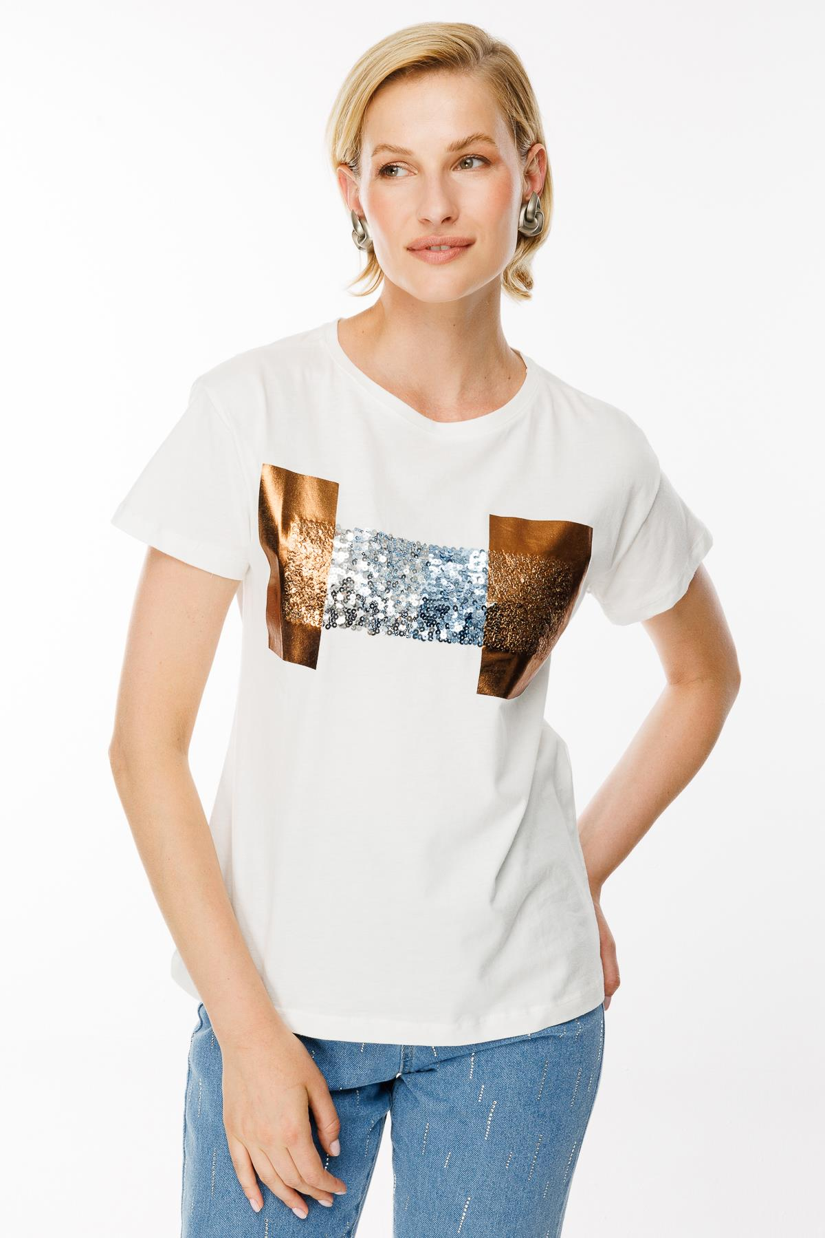 Baskı Desenli Tişört - EKRU