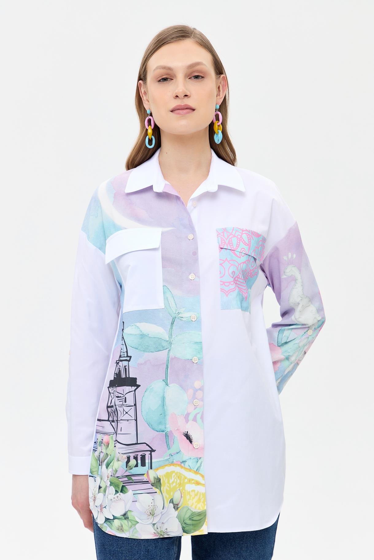 Baskı Detaylı Koton Gömlek - BEYAZ