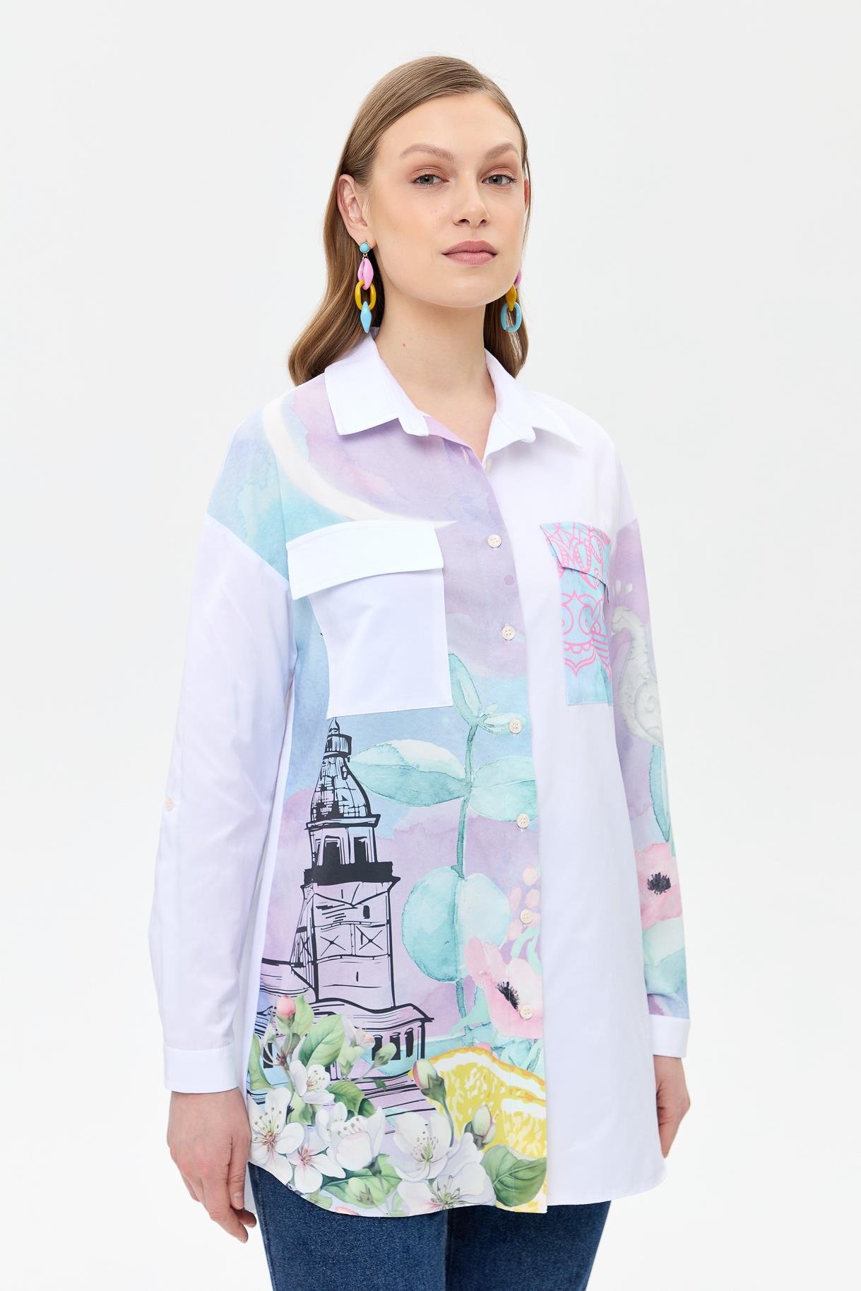 Baskı Detaylı Koton Gömlek - BEYAZ