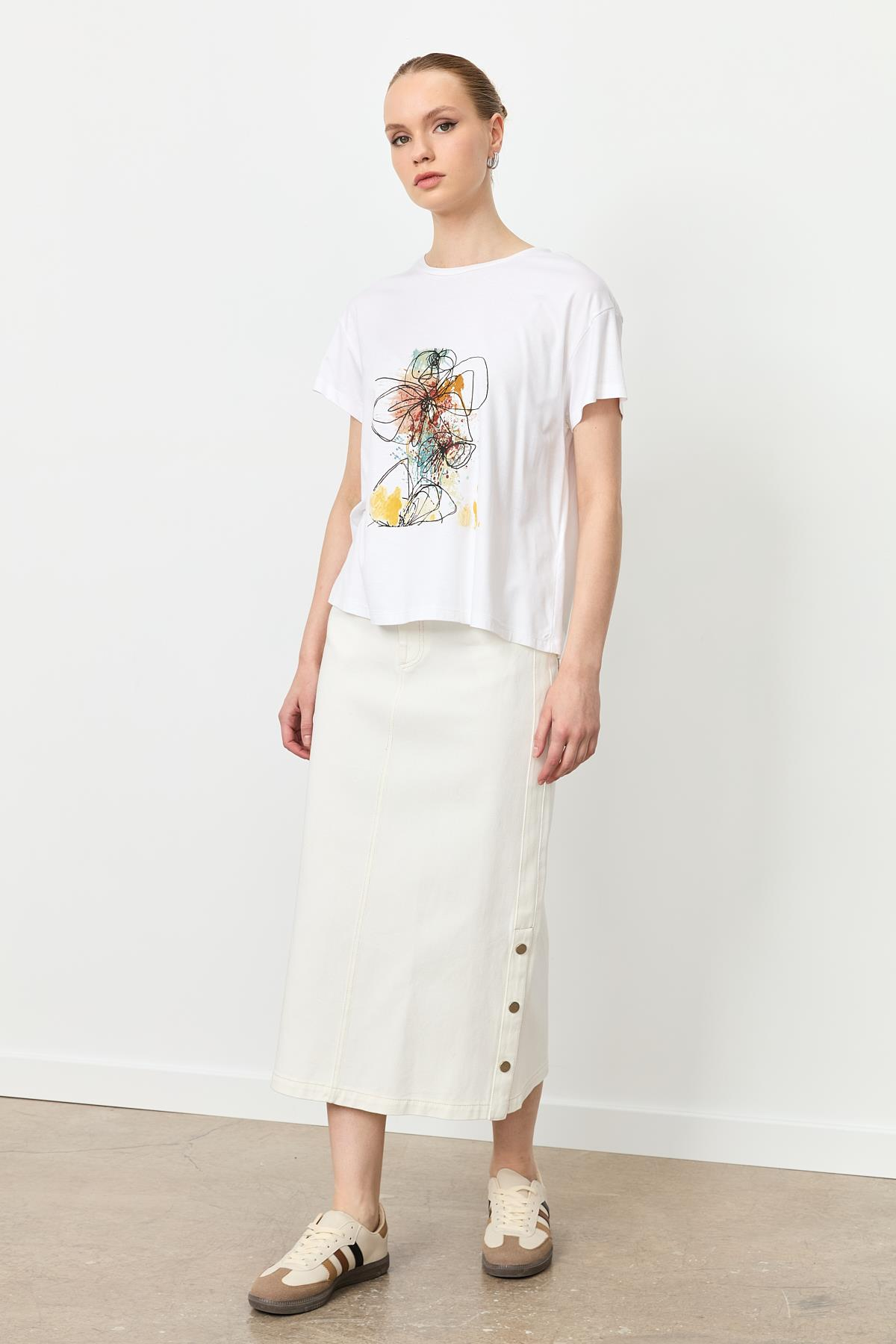 Baskı Detaylı Tişört-KEMIK