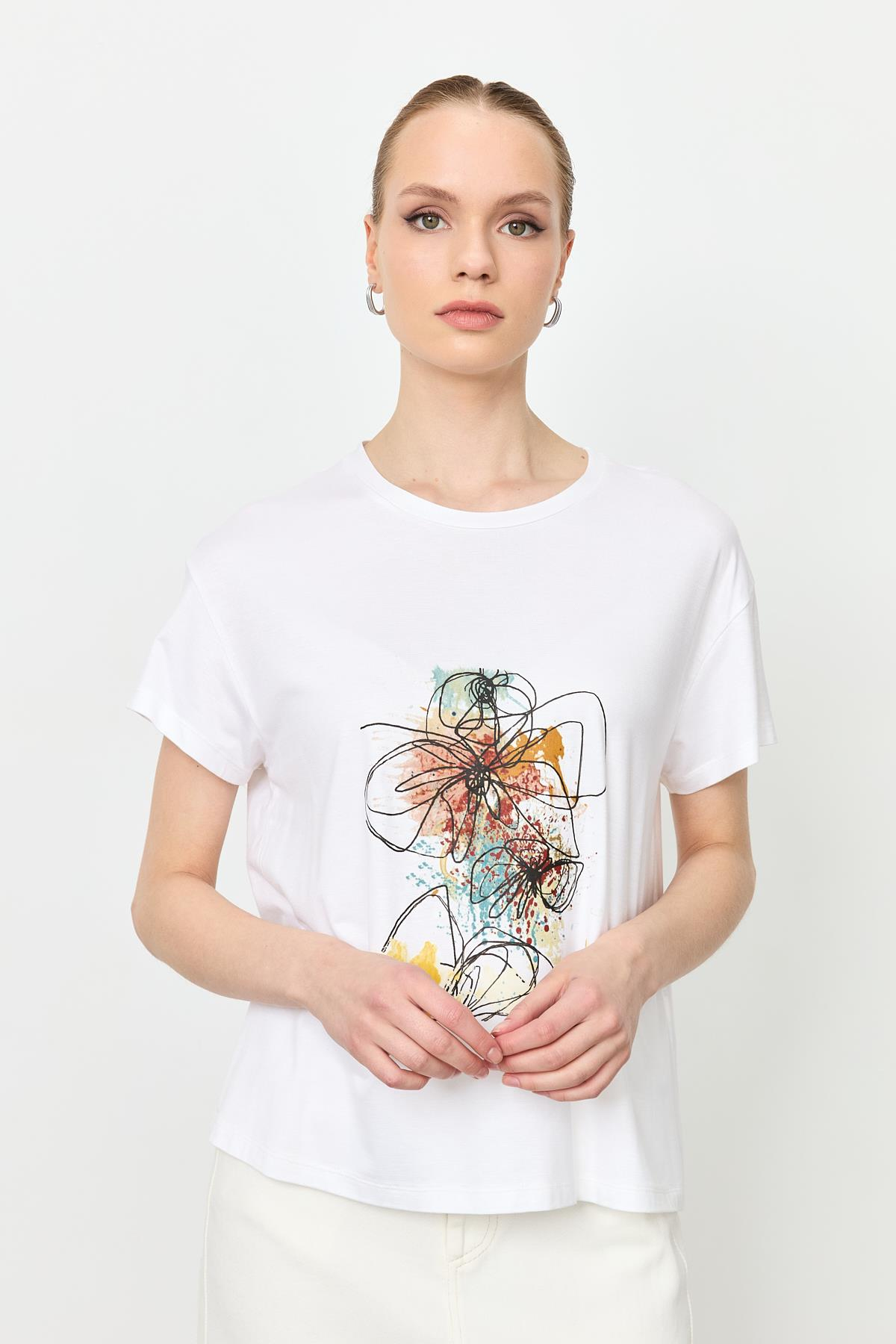 Baskı Detaylı Tişört-KEMIK