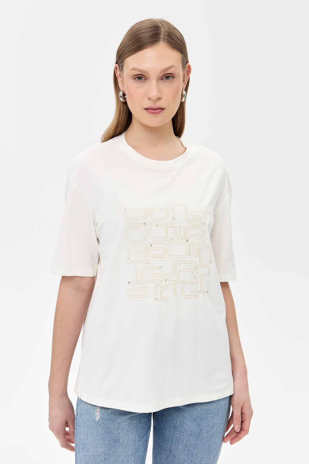 Baskı ve Boncuk Detaylı Tişört - BEYAZ
