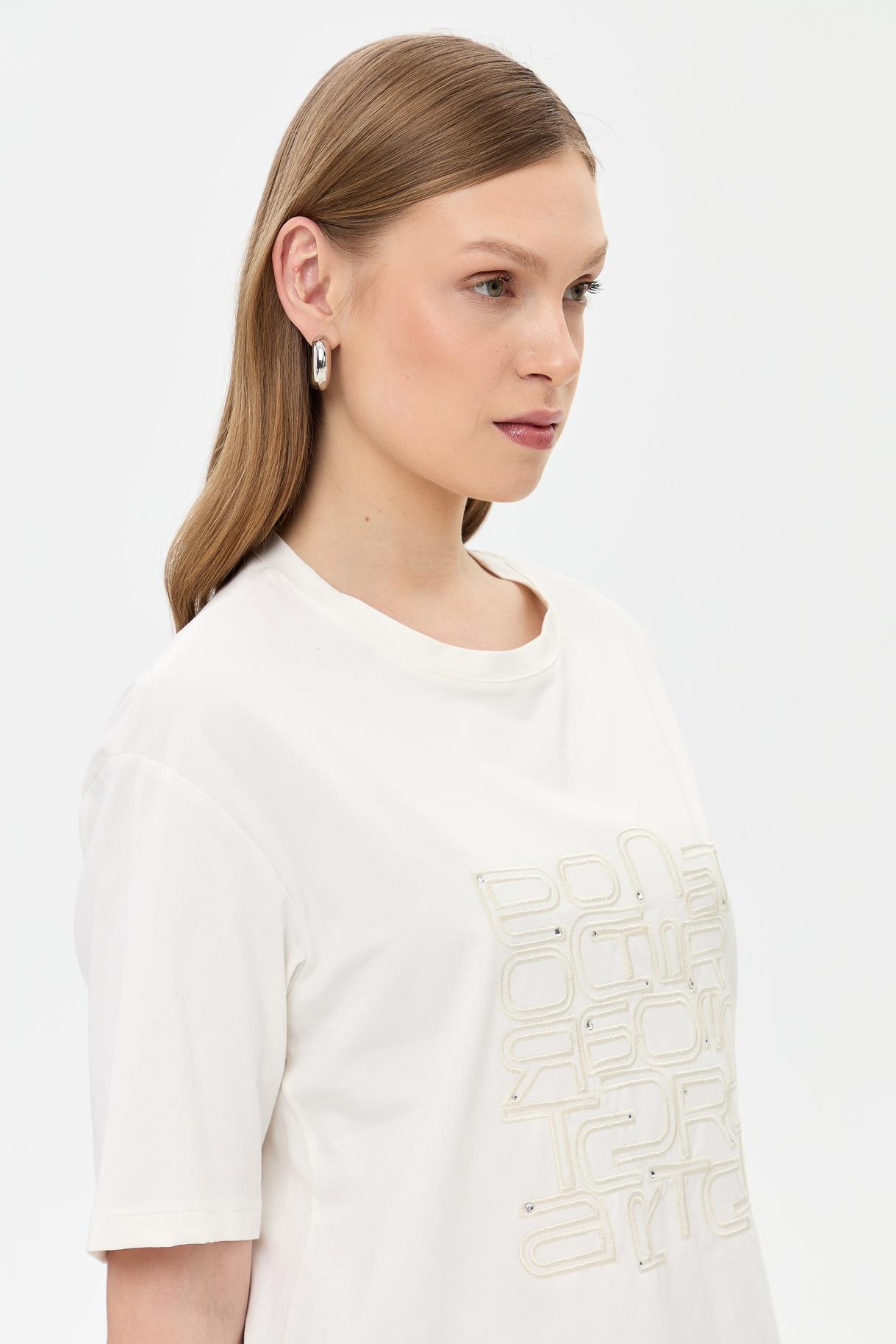 Baskı ve Boncuk Detaylı Tişört - BEYAZ
