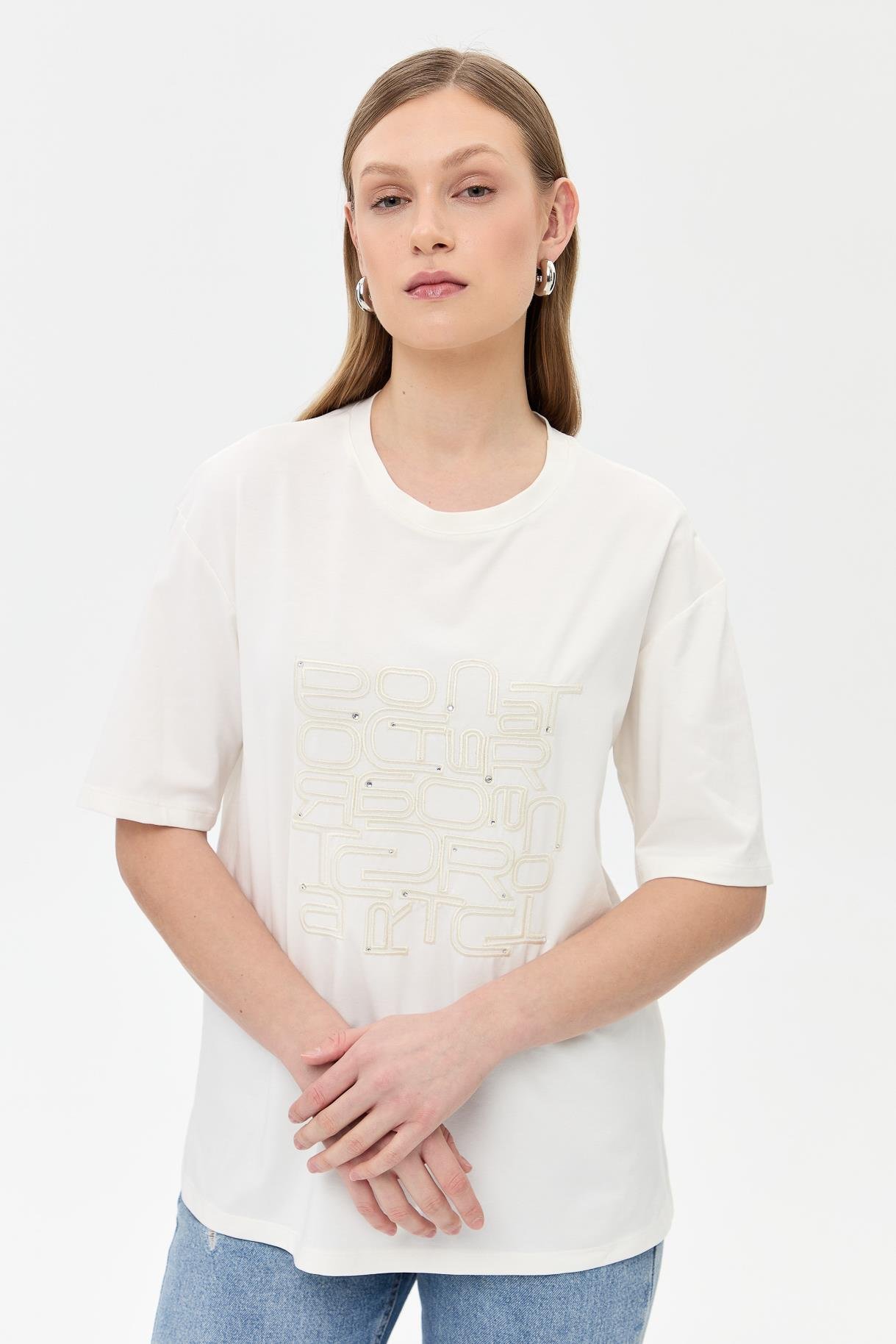 Baskı ve Boncuk Detaylı Tişört - BEYAZ
