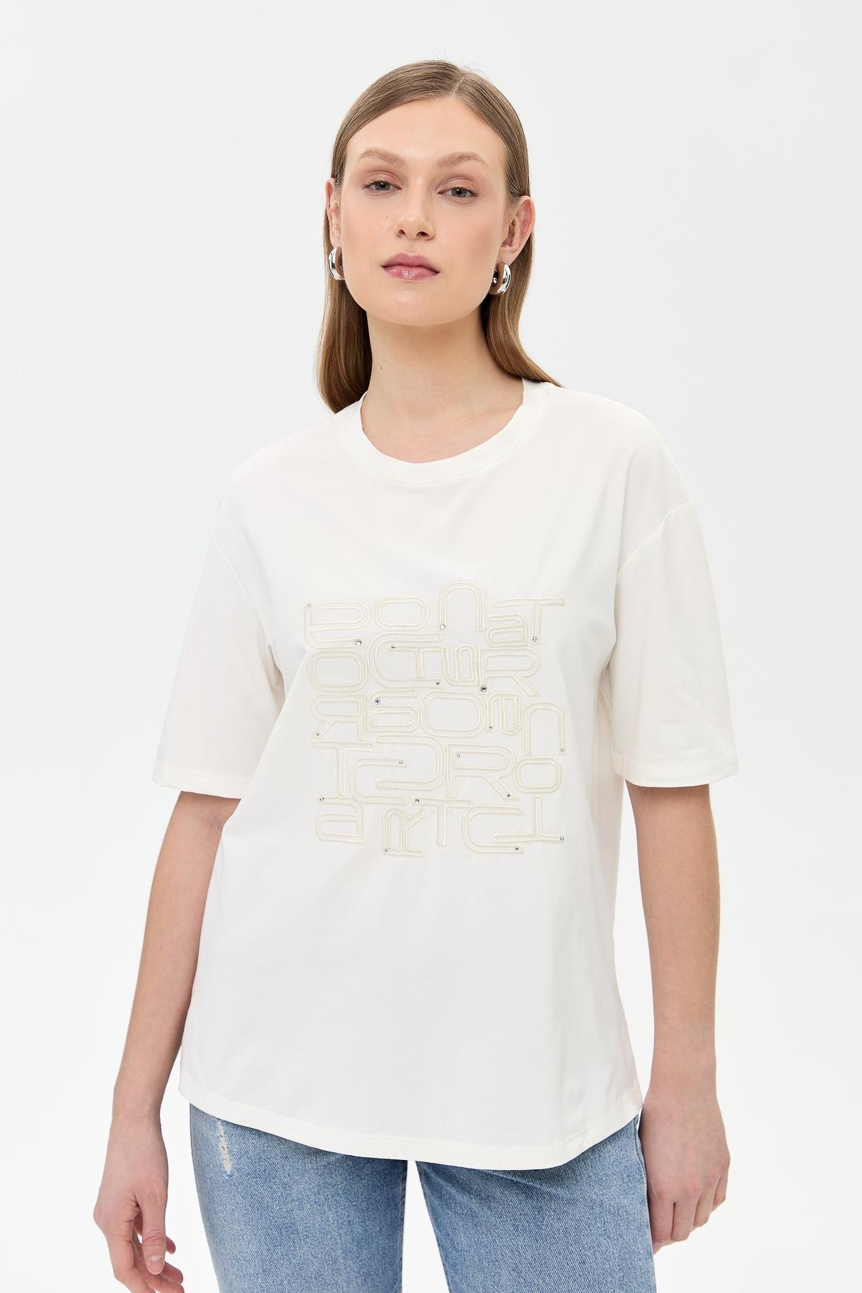 Baskı ve Boncuk Detaylı Tişört - BEYAZ