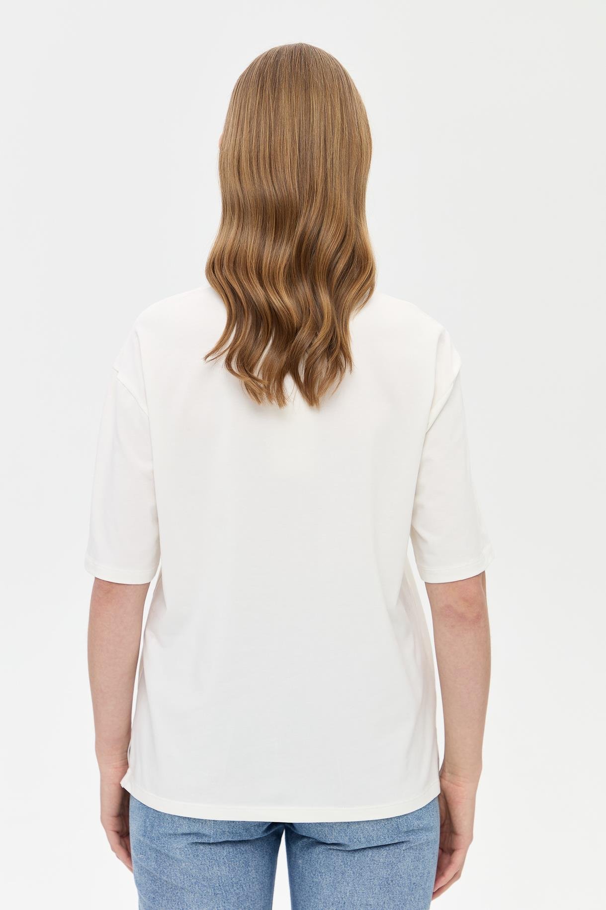 Baskı ve Boncuk Detaylı Tişört - BEYAZ