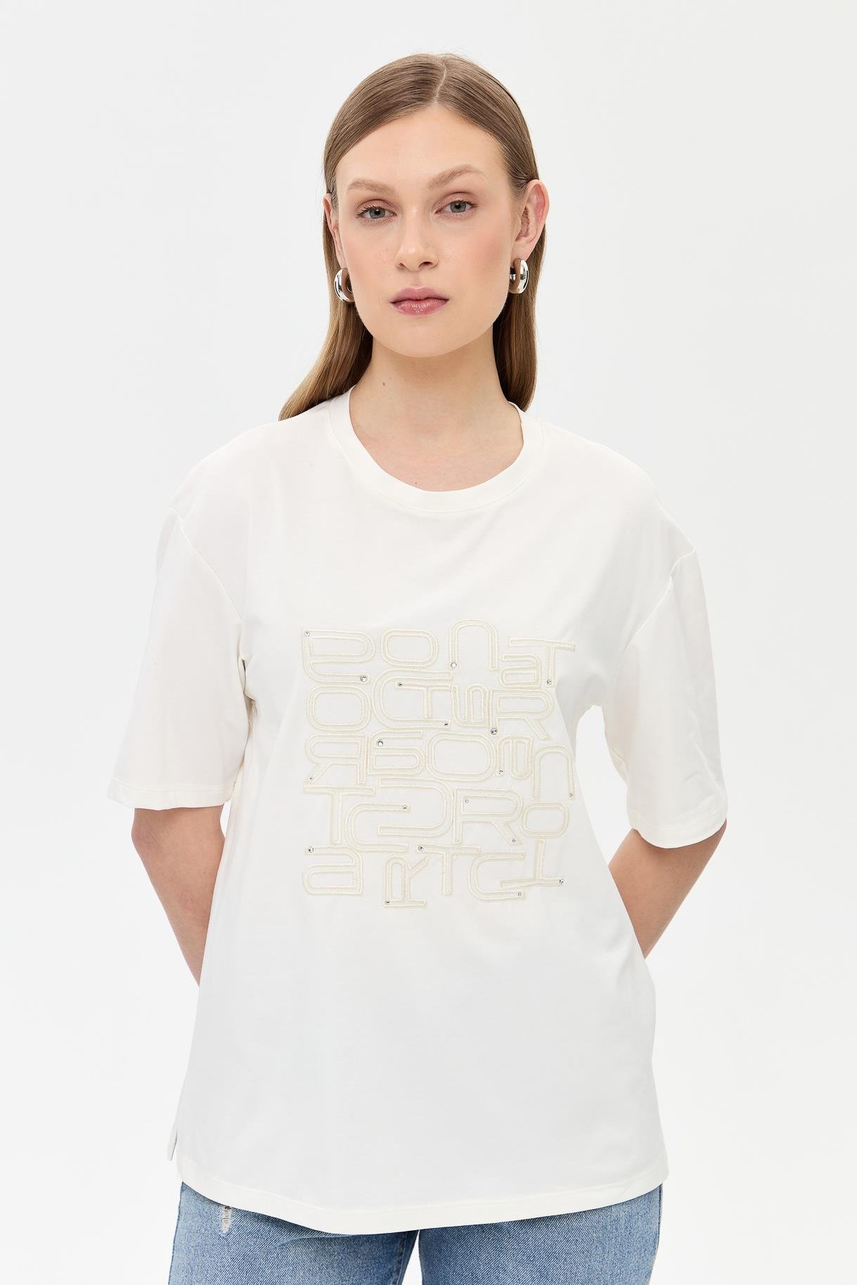 Baskı ve Boncuk Detaylı Tişört - BEYAZ