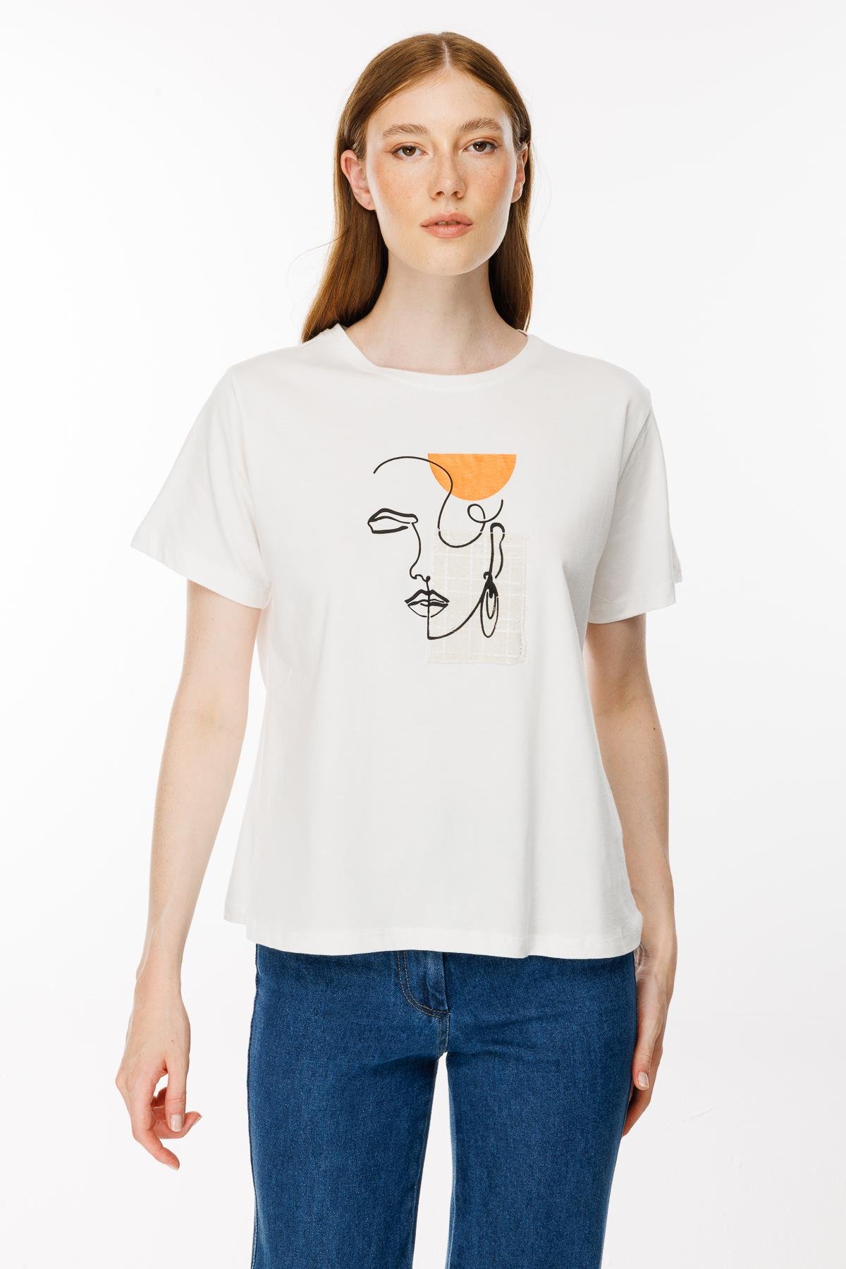 Baskı Yüz Desenli Tişört - EKRU