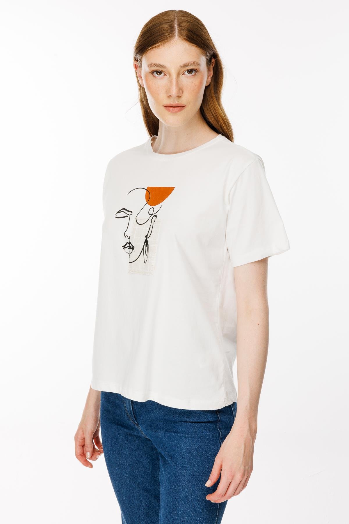 Baskı Yüz Desenli Tişört - EKRU